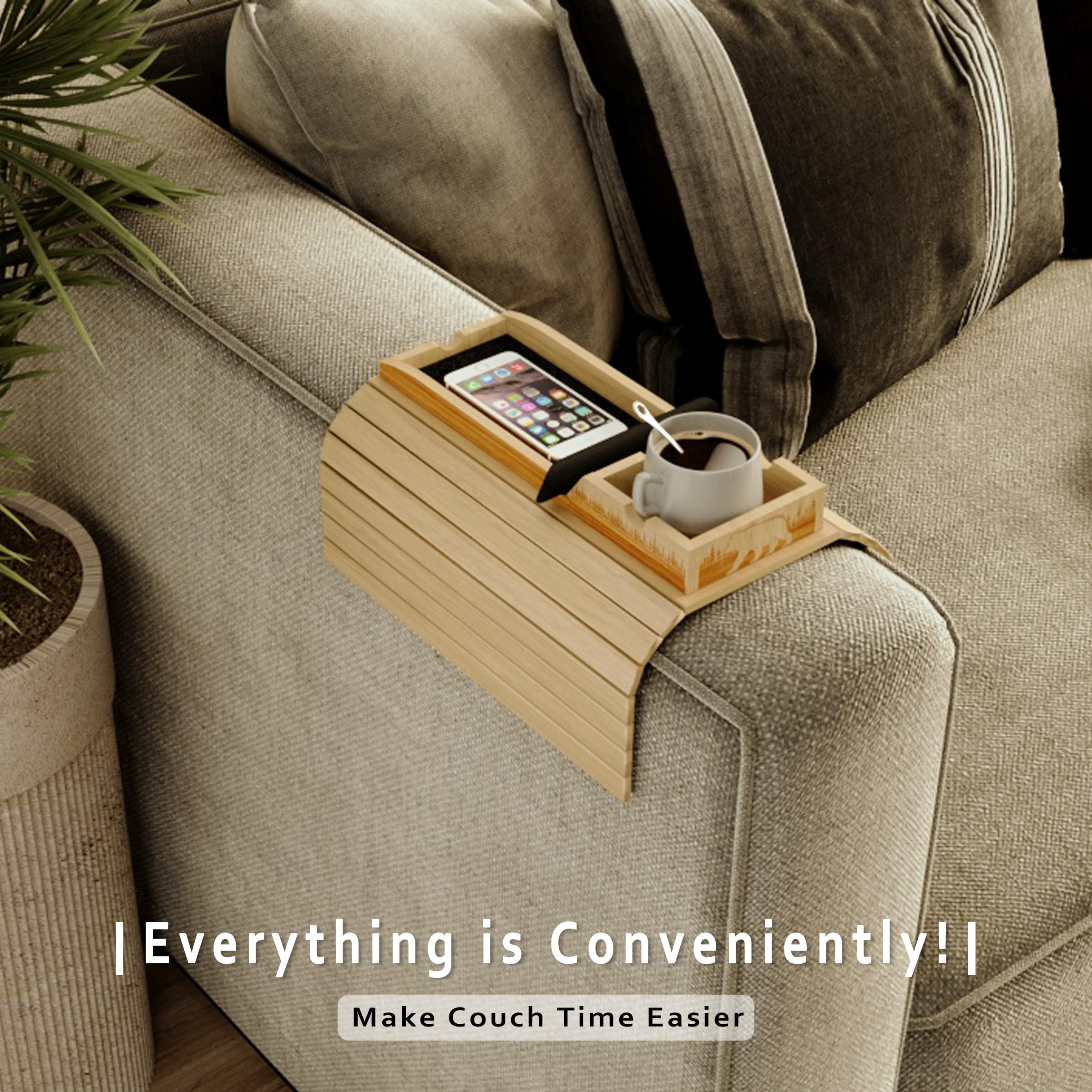 Bamboo Couch Cup Holder Tray - Sofa Arm Table & Side Table for Living Room Furniture | Home Decor Accessories, Couch Organizer, TV Snack Tray - Perfect for Movie Nights & Relaxing in Living Room