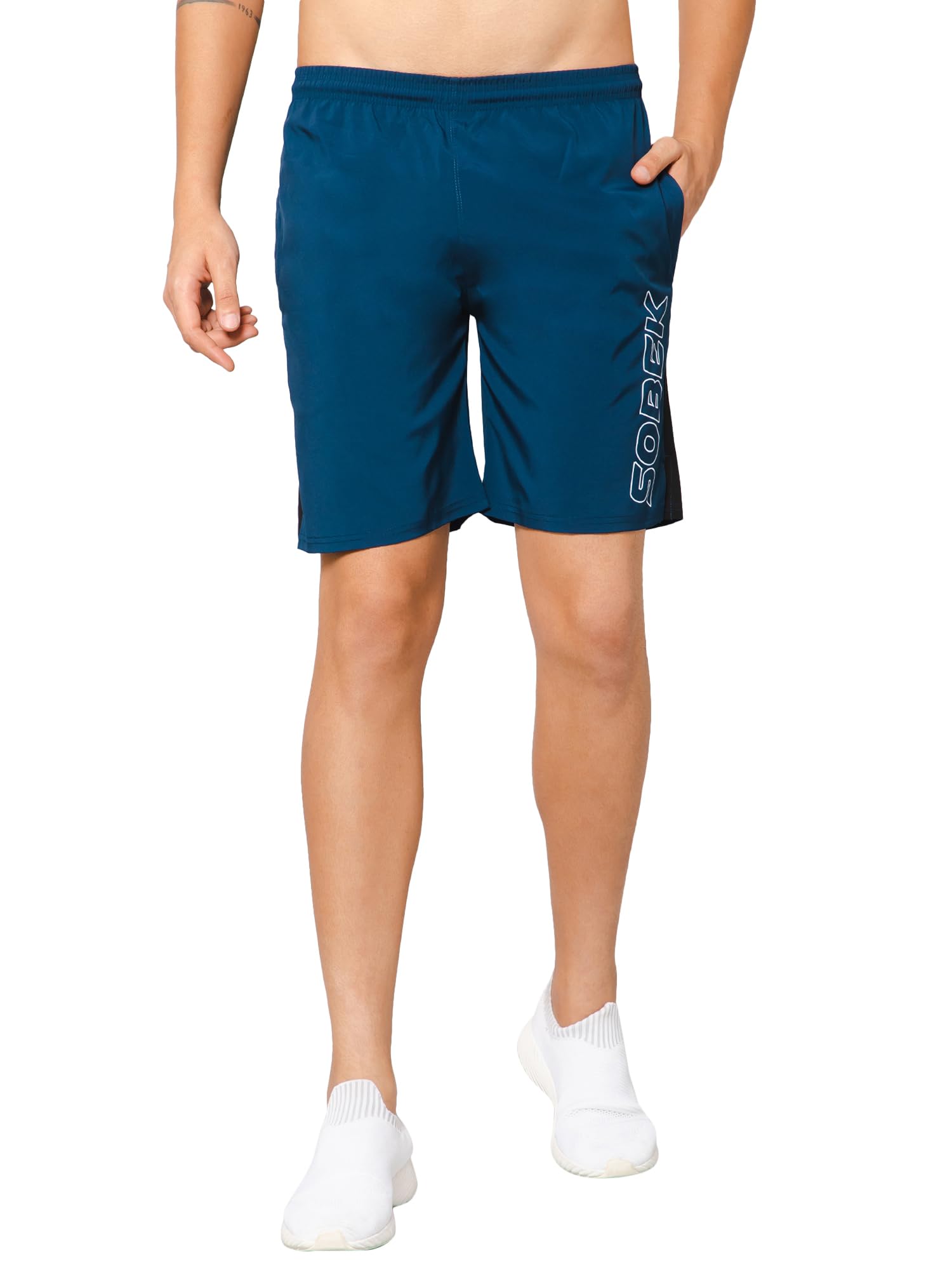 SOBEK Men's Stretchable Running Shorts - Breathable Lycra Activewear with Elastic Waist & Side Zip Pockets - Perfect for Gym, Jogging, and Outdoor Sports