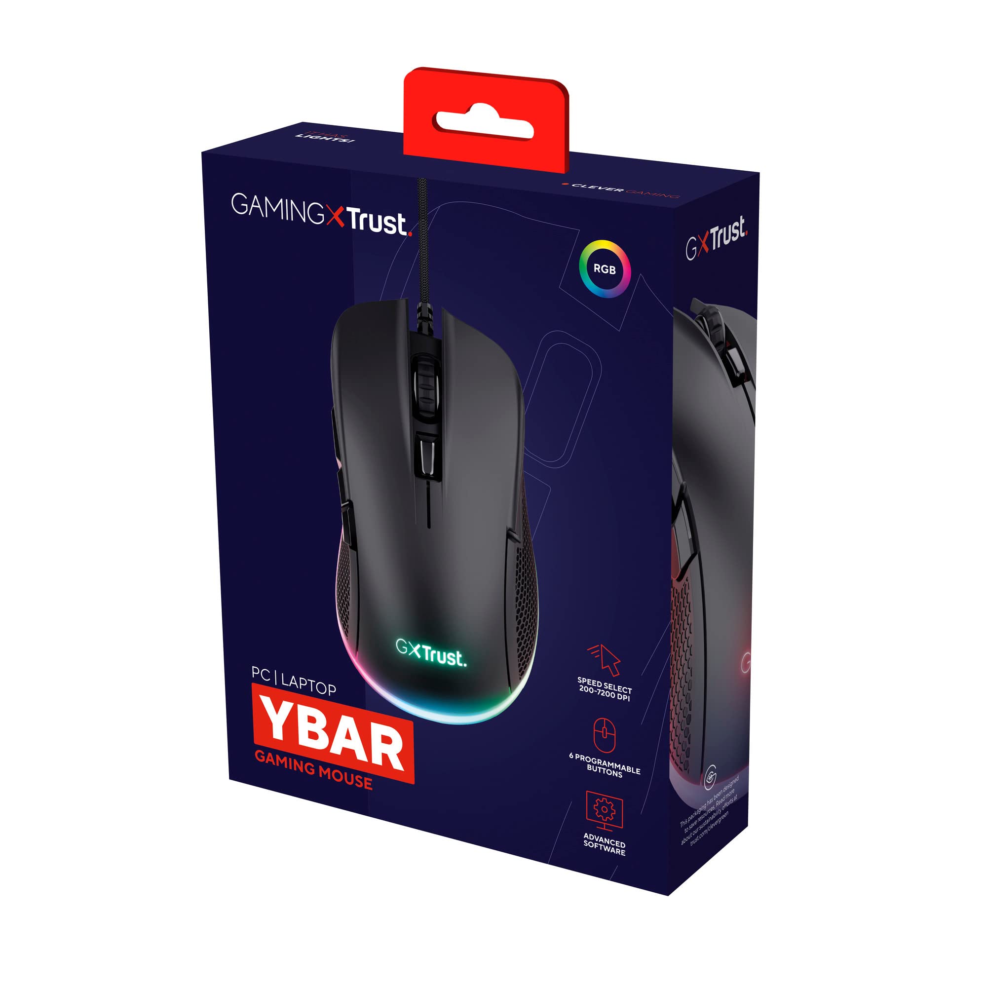 Trust GXT 922 Ybar Gaming Mouse - 200-7200 DPI Adjustable, RGB LED Backlit, 6 Programmable Buttons with Advanced Software, 2.1m Braided USB Cable for PC, Laptop, Mac (Black) - Perfect for FPS, MOBA & MMO Gaming