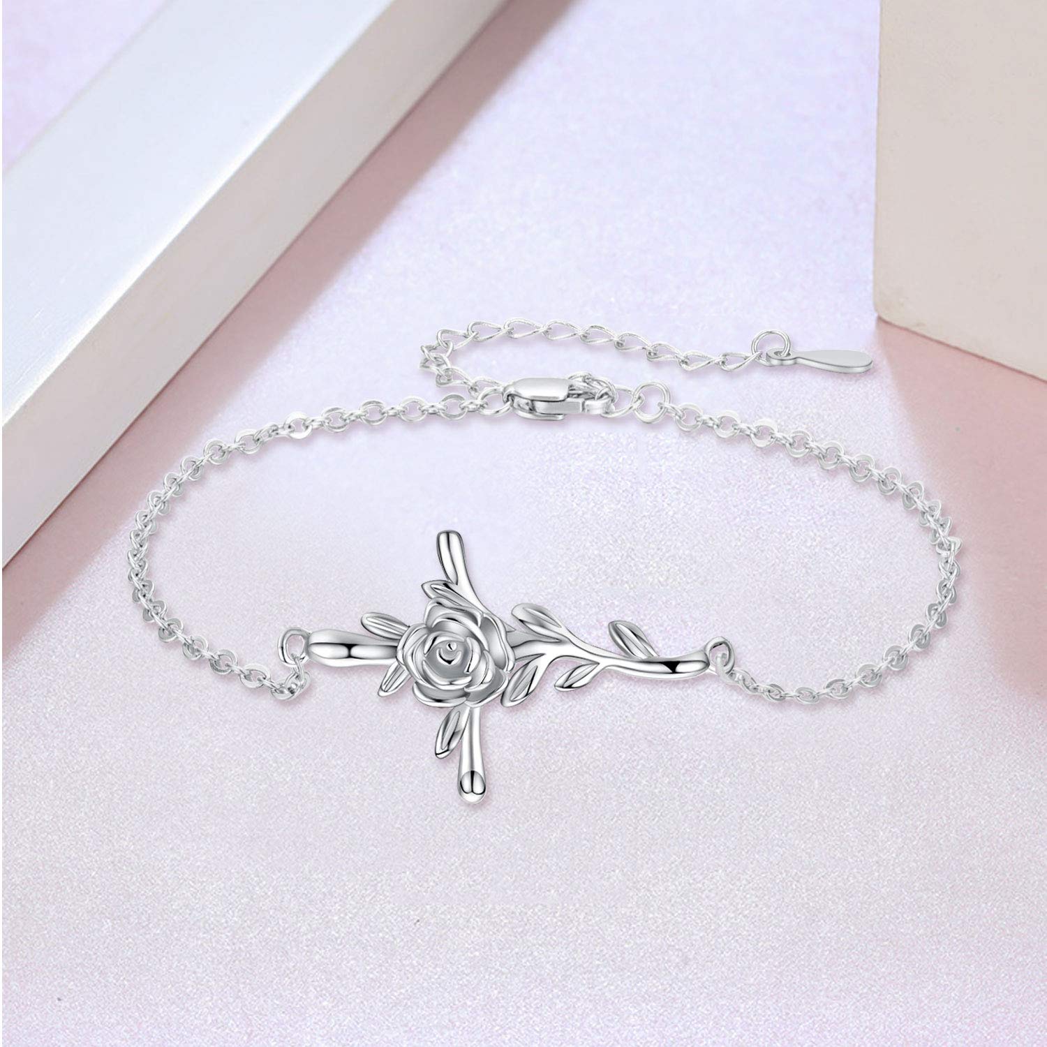 CUOKA MIRACLE Cross Rose Charm Bracelet - S925 Sterling Silver Rose Flower Crucifix Bracelet for Women & Teens - Elegant Religious Jewelry Gift for Easter, Baptism & Church Occasions