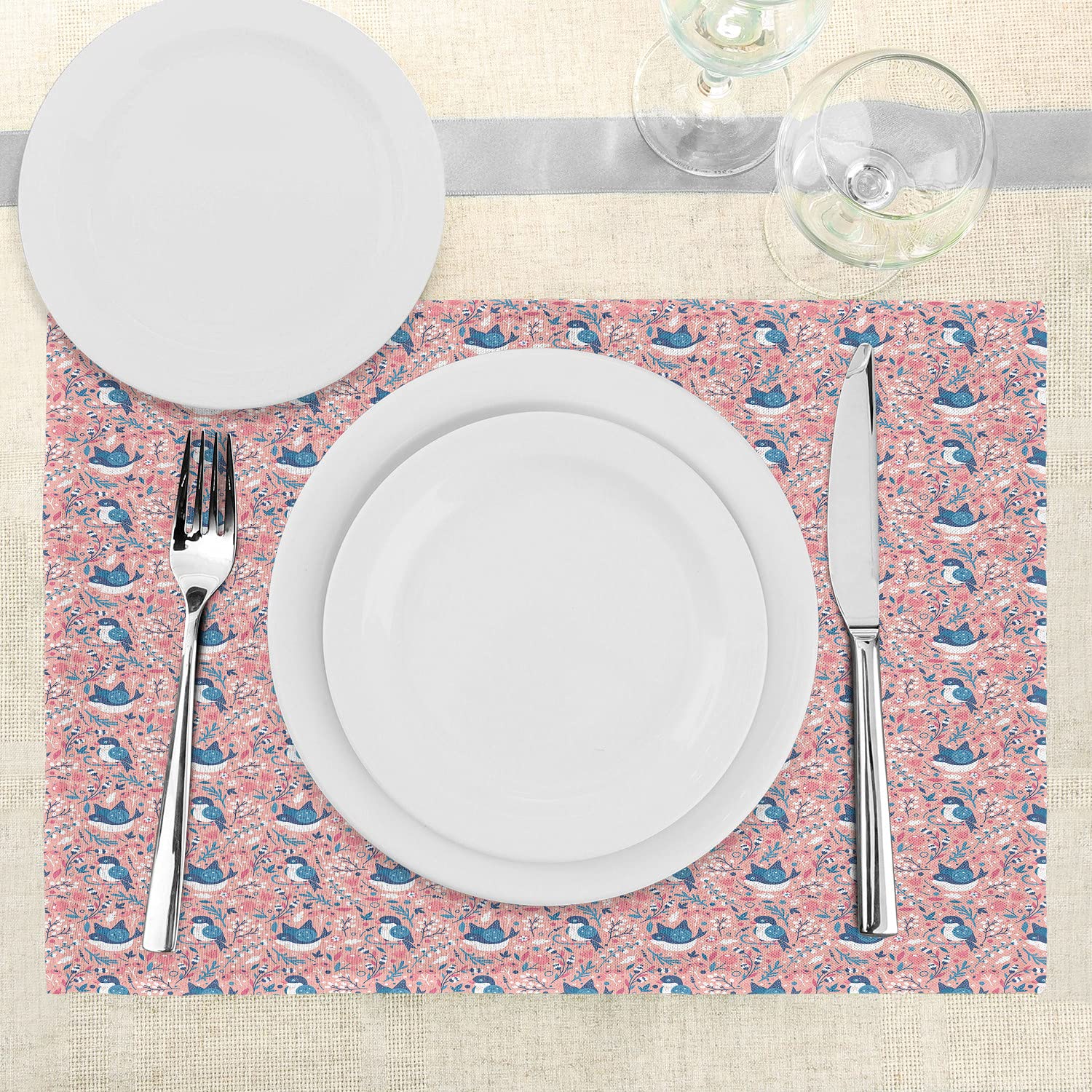 Ambesonne 4-Pack Botanical Placemats Set - Floral & Swallow Bird Design, Washable Fabric Table Mats for Dining Room & Kitchen Decor in Coral, Pink & Blue | Perfect for Spring Tablescapes, Dinner Parties & Home Styling