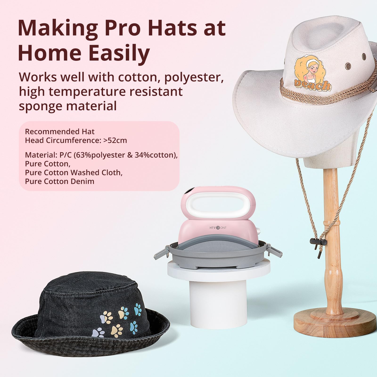 HTVRONT Hat Press Machine for Caps, Hats & Pillows - Digital Display, Adjustable Temperature & Timer - Fast, Even Heating - Portable Pink Heat Press for DIY, Embroidery & Customization - Perfect for Home, Crafting & Small Business Use