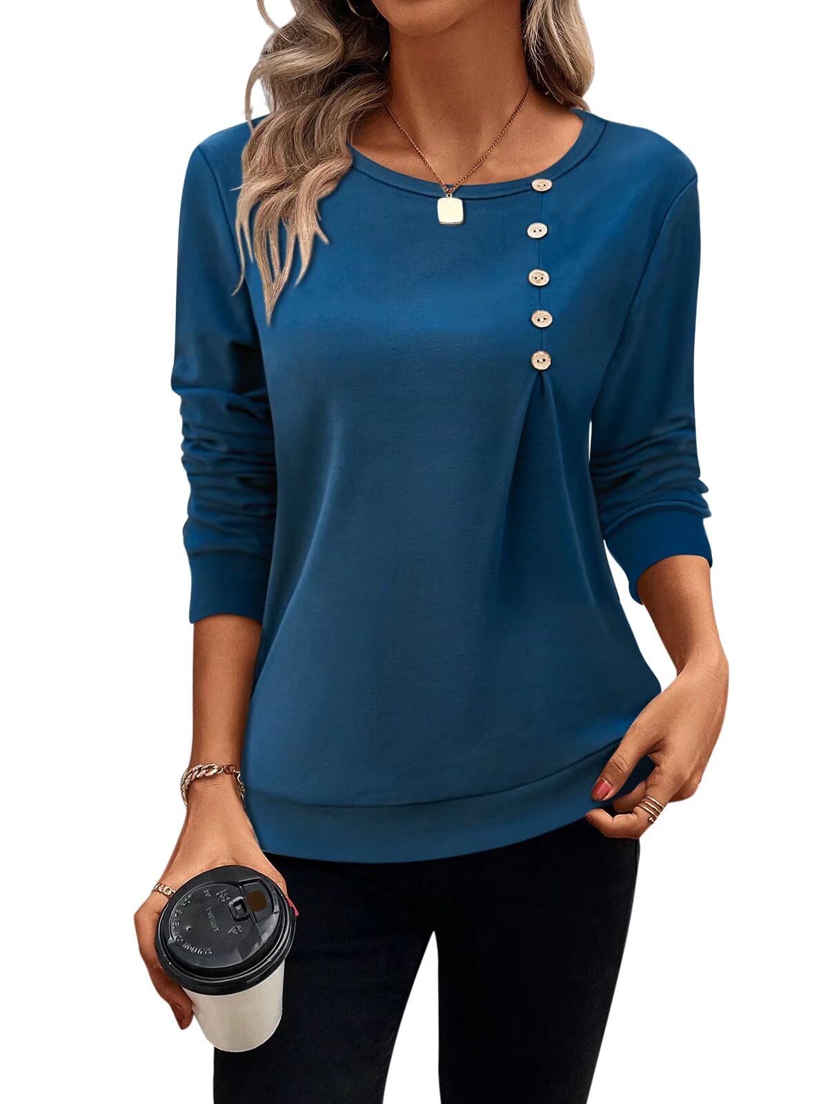 Women's Casual Long Sleeve Crewneck Henley Shirt - Loose Fit Pullover Tunic Top for Fall | Comfortable Everyday Wear, Layering Essential & Office Outfits