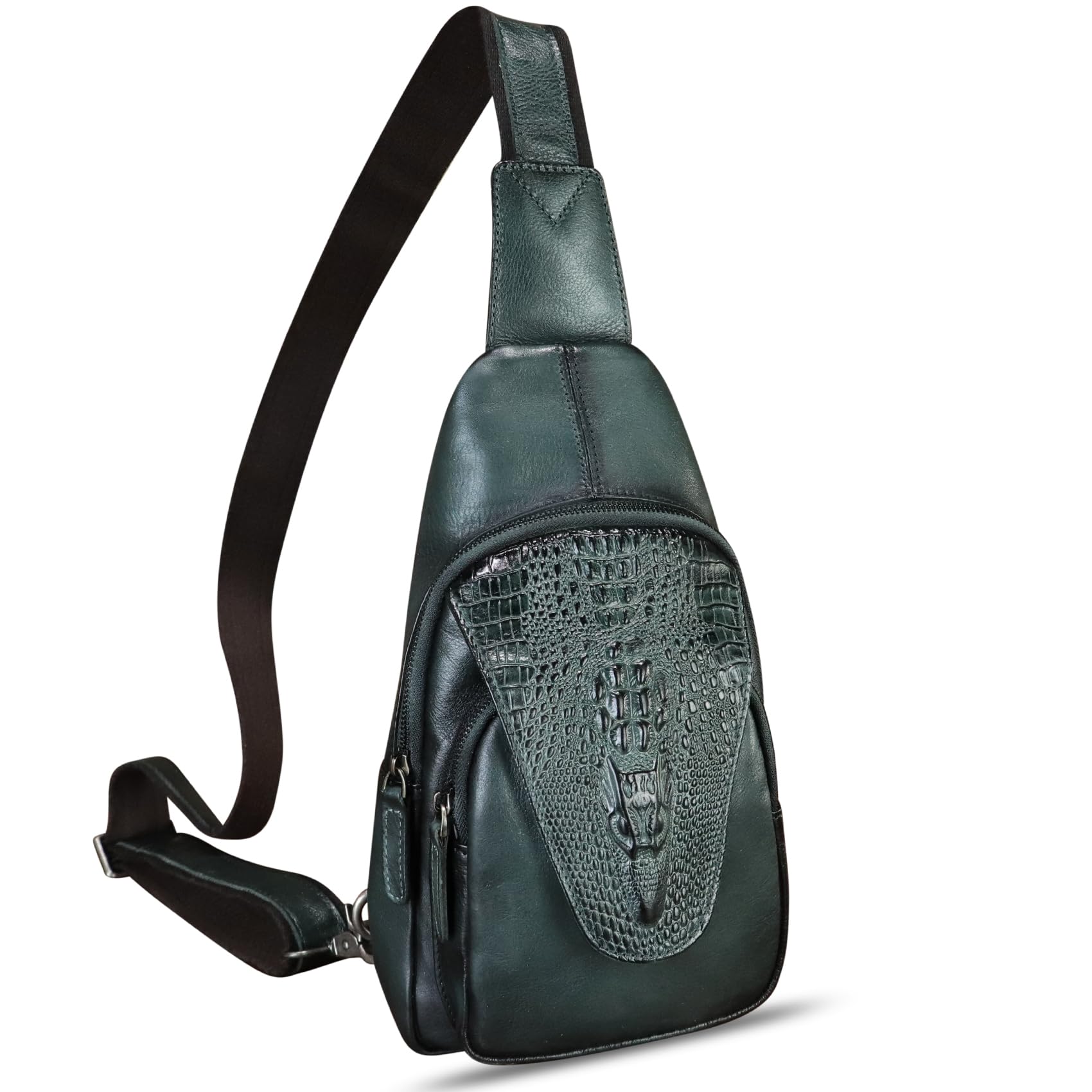 **Genuine Leather Sling Bag for Men & Women – Embossed Crocodile Pattern Crossbody Backpack, Handmade Chest Purse Daypack – Dark Grey – Perfect for Travel, Work & Daily Use**