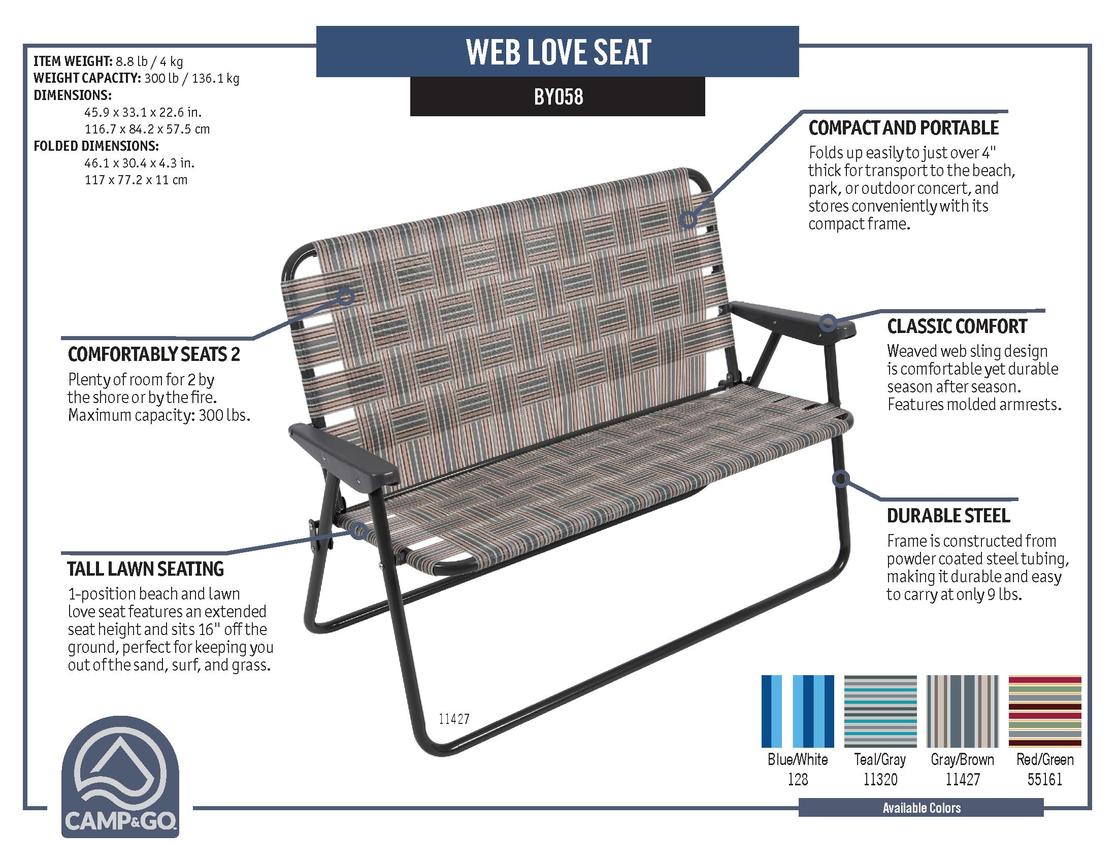 Camp & GO Double Wide Folding Loveseat Chair for Outdoor Camping & Patio - Grey, 45.94