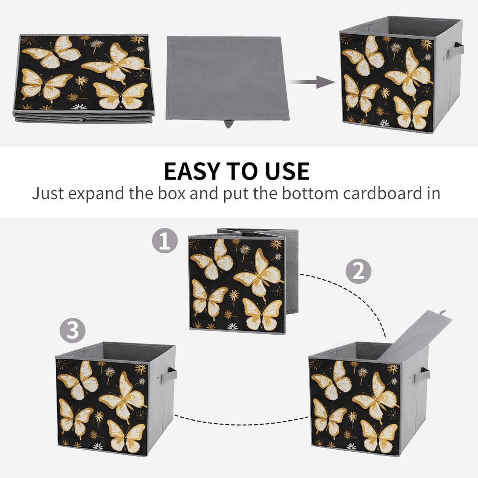 6-Piece Collapsible Storage Bins with Handles - Gold White Butterfly & Black Print Fabric Organizer Boxes for Shelves, Closet, Bathroom | Space-Saving Foldable Storage Baskets for Home Organization
