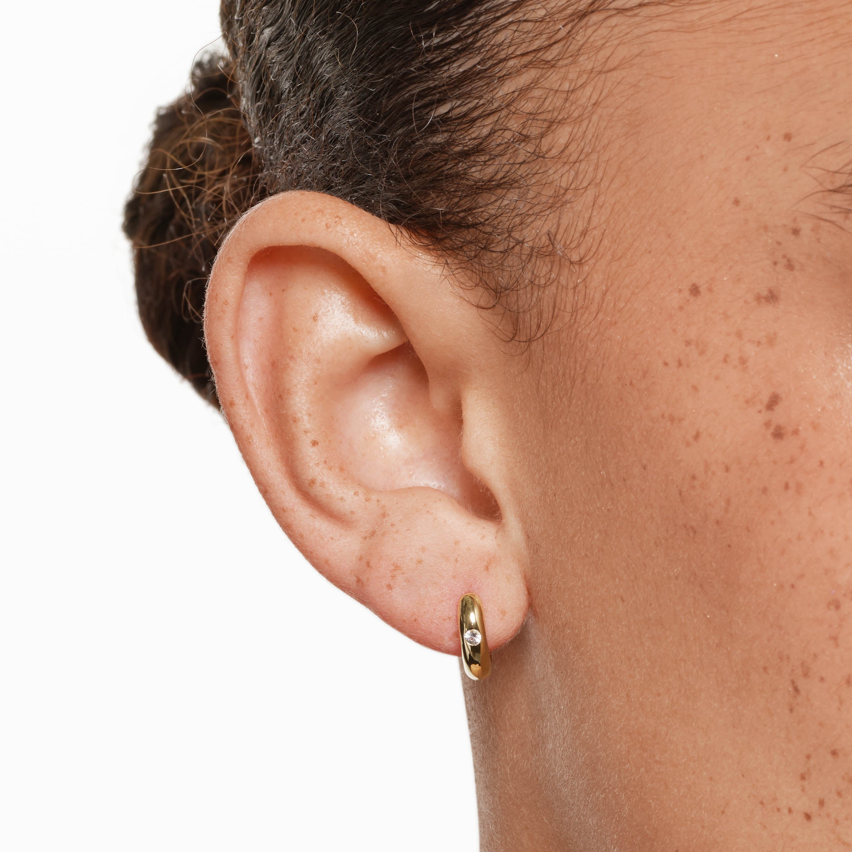 14K Gold White Topaz Round Curve Huggie Earrings for Women - Perfect for Weddings, Parties & Everyday Wear