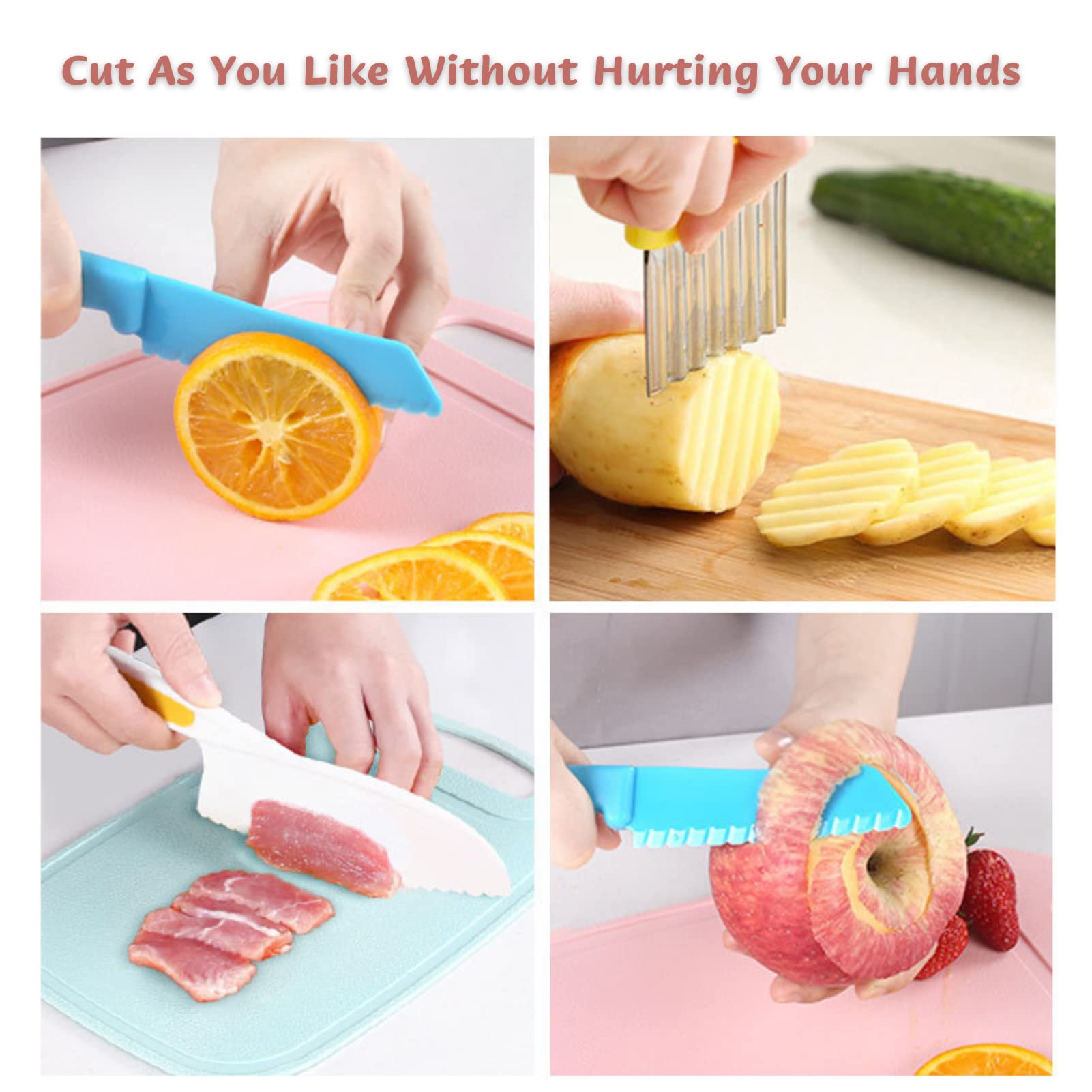 6-Piece Kids Wooden Knife Set for Real Cooking - Montessori Safe Kitchen Tools with Plastic Serrated Edges, Toddler Crinkle Cutter & Potato Slicer - Perfect for Children's Cooking Classes & Family Meal Prep (Pink)