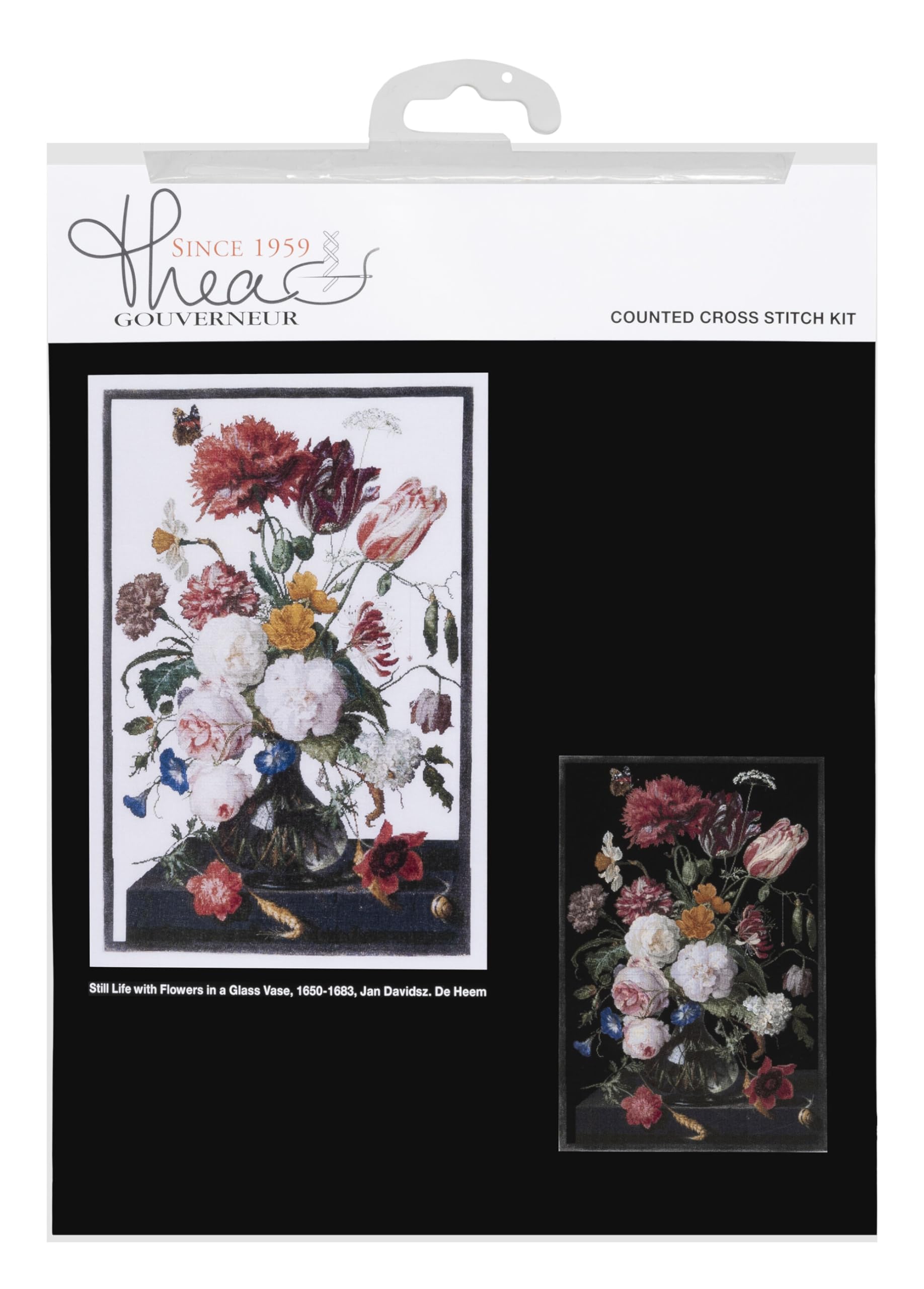 Thea Gouverneur Counted Cross Stitch Kit - Still Life with Flowers in Glass Vase - 18 Count Black Aida Fabric - Complete Embroidery Kit for Adults with DMC Threads & Supplies (785.05) - Perfect for Home Decor, DIY Gifts & Relaxing Craft Projects
