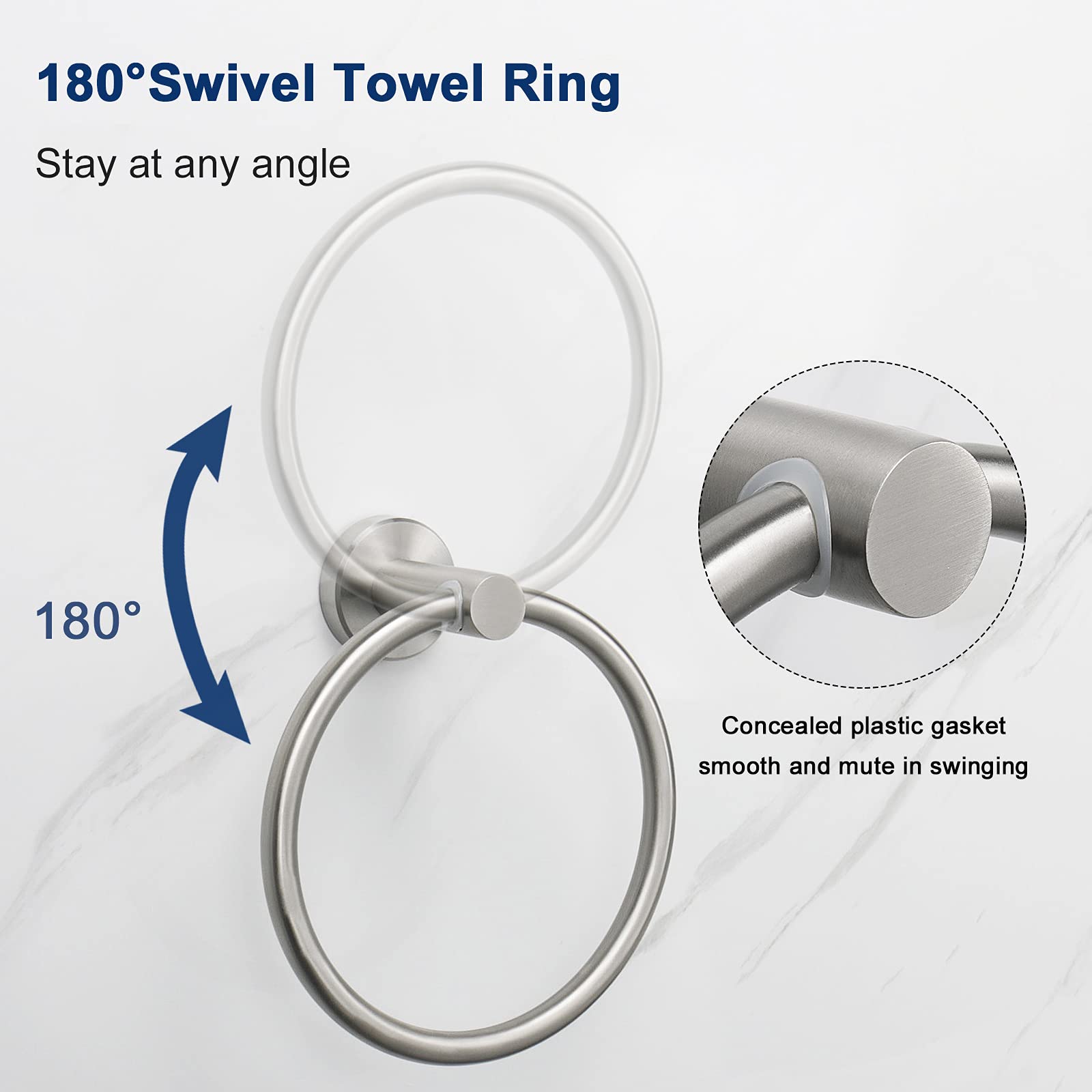 NearMoon 4-Piece Bathroom Hardware Set - Brushed Nickel Stainless Steel Wall Mounted Towel Ring, Toilet Paper Holder & 2 Robe Hooks | Complete Bath Accessories for Modern Home & Luxury Hotel Style Bathrooms
