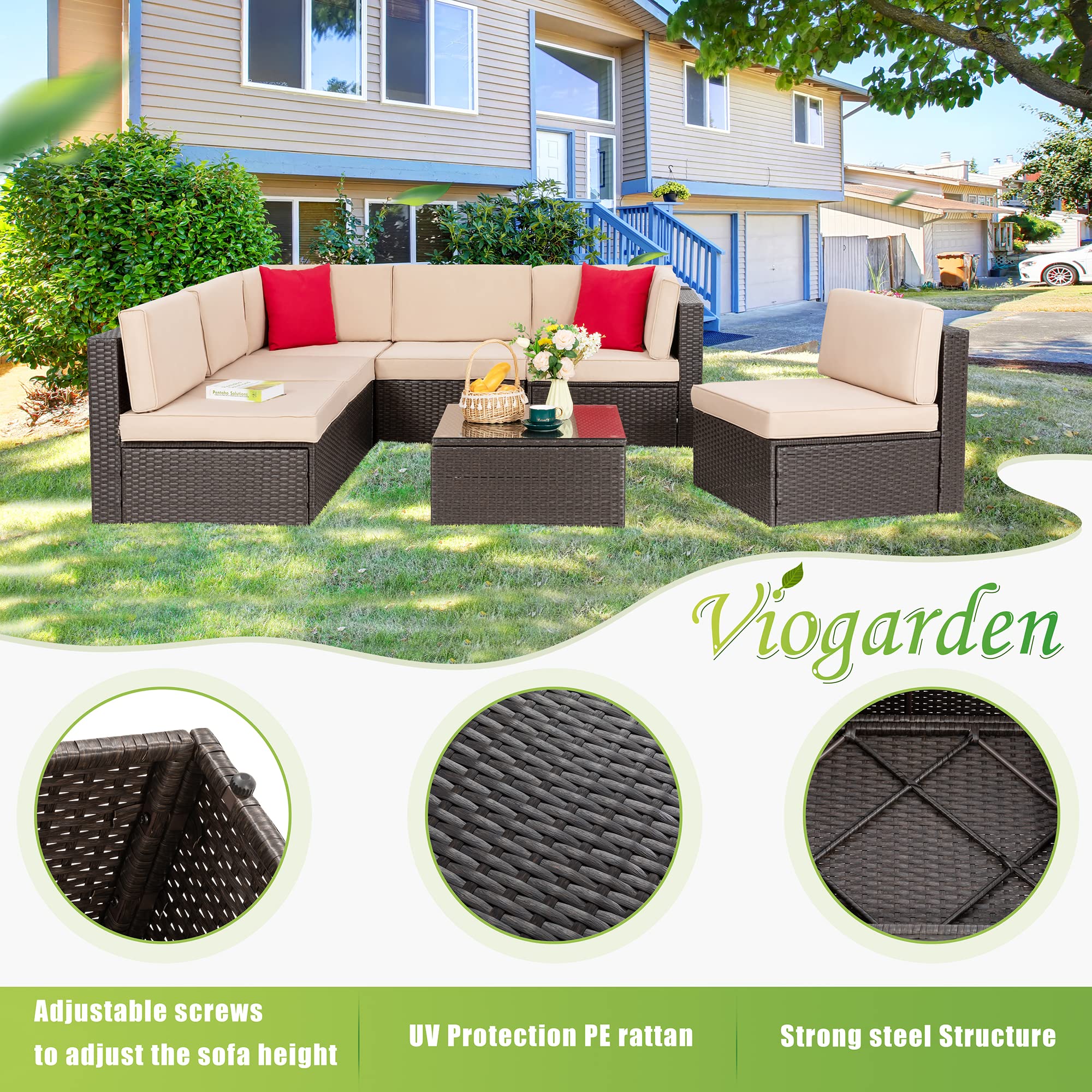 Vongrasig 7-Piece Outdoor Patio Furniture Set - PE Wicker Rattan Sectional Sofa with Cushions, Glass Coffee Table & Red Throw Pillows (Beige) - Perfect for Backyard, Garden, Poolside & Patio Relaxation