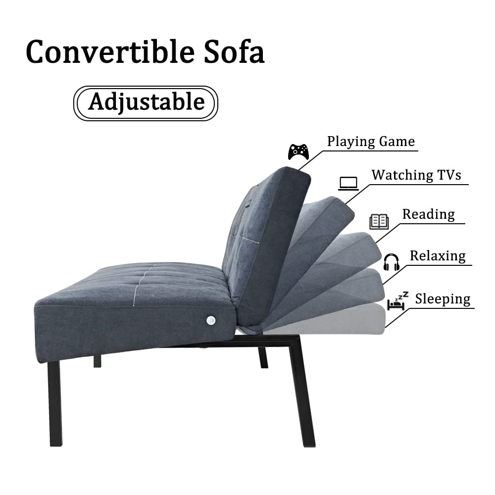 Modern Convertible Folding Futon Sofa Bed - 5 Angle Adjustable Linen Fabric Upholstered Daybed with 2 Cup Holders (Grey) | Space-Saving Guest Bed for Small Apartments, Dorm Rooms & Home Offices