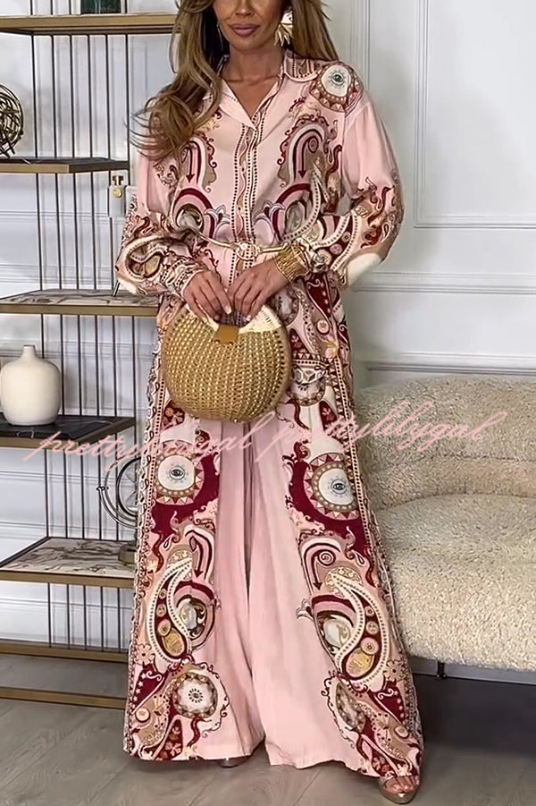 Stylish Print Lapel Long Sleeve Tie Waist Blouse & Elastic Waist Pocket Wide Leg Pants Outfit Set | Women's Fashion Two-Piece Ensemble for Office, Casual Wear & Special Occasions