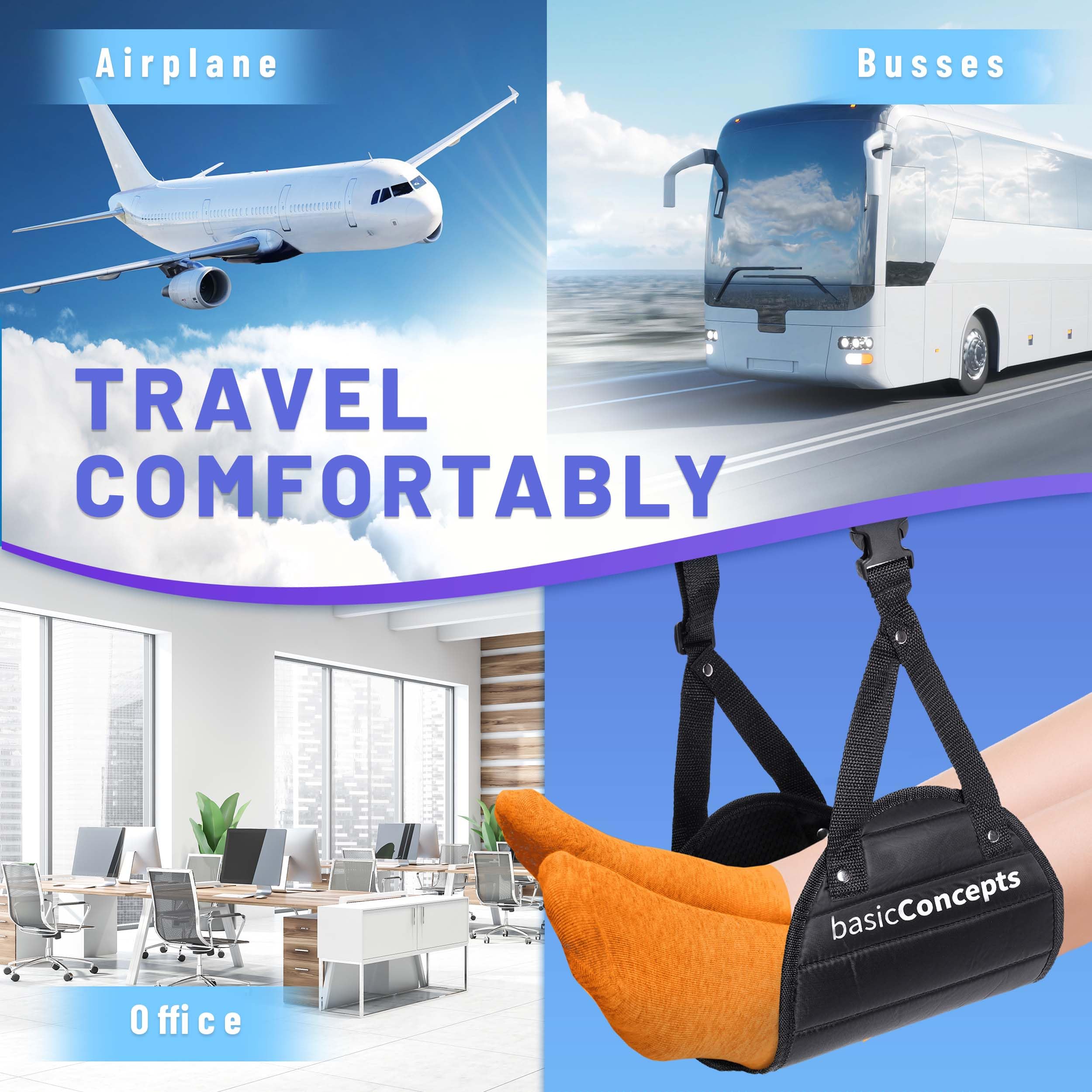 Airplane Footrest (2 Pack) - Adjustable Foot Hammock for Travel & Office Use - Comfortable Foot Support for Long Flights, Work Desks & Home Relaxation - Essential Airplane Travel Accessories & Ergonomic Office Footrest