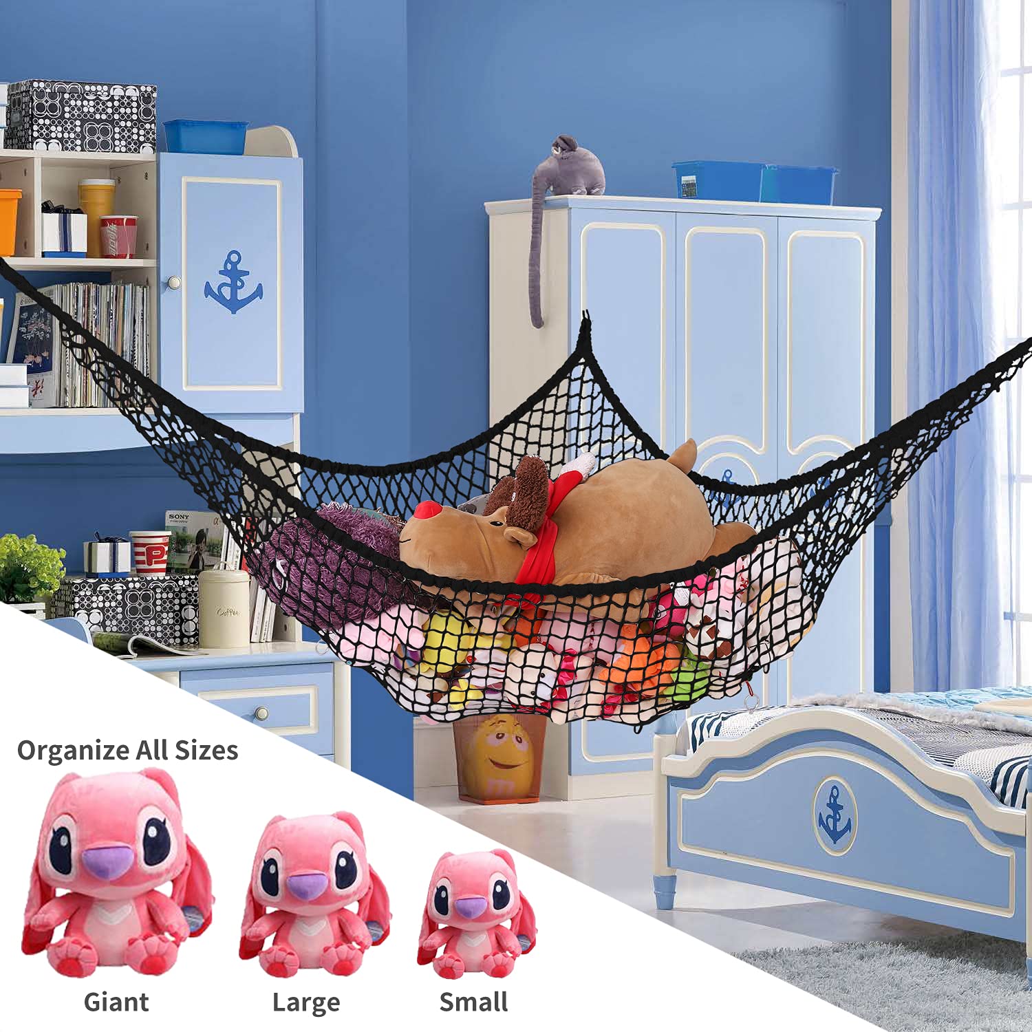 LXUNYI 84-Inch Large Mesh Toy Hammock - Stuffed Animal Storage Net Organizer for Kids' Bedroom, Wall Corner Space Saver | Perfect for Plush Toys, Stuffed Animals & Kids Room Decor (Black)