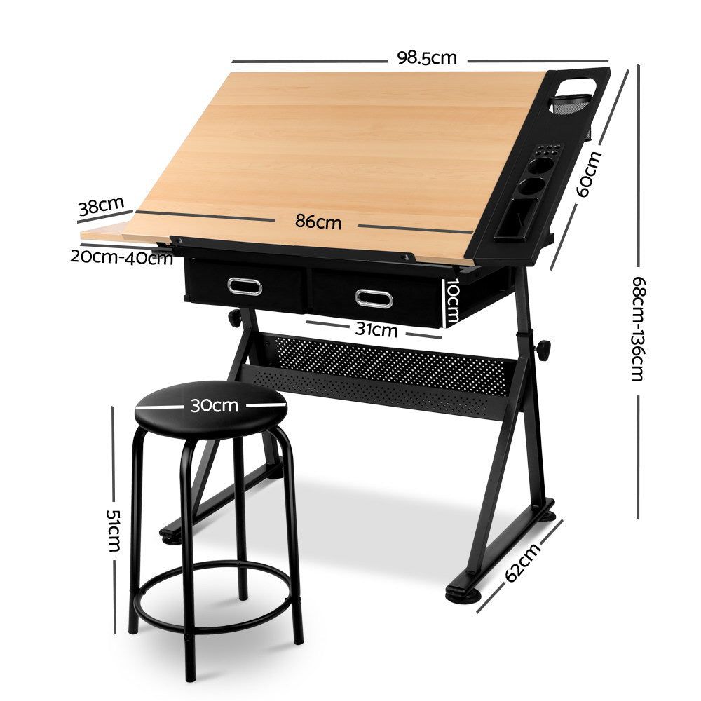 Adjustable Tilt Drafting Table Stool Set - Natural Wood & Black Metal - Perfect for Artists, Architects & Designers - Home Office & Studio Furniture