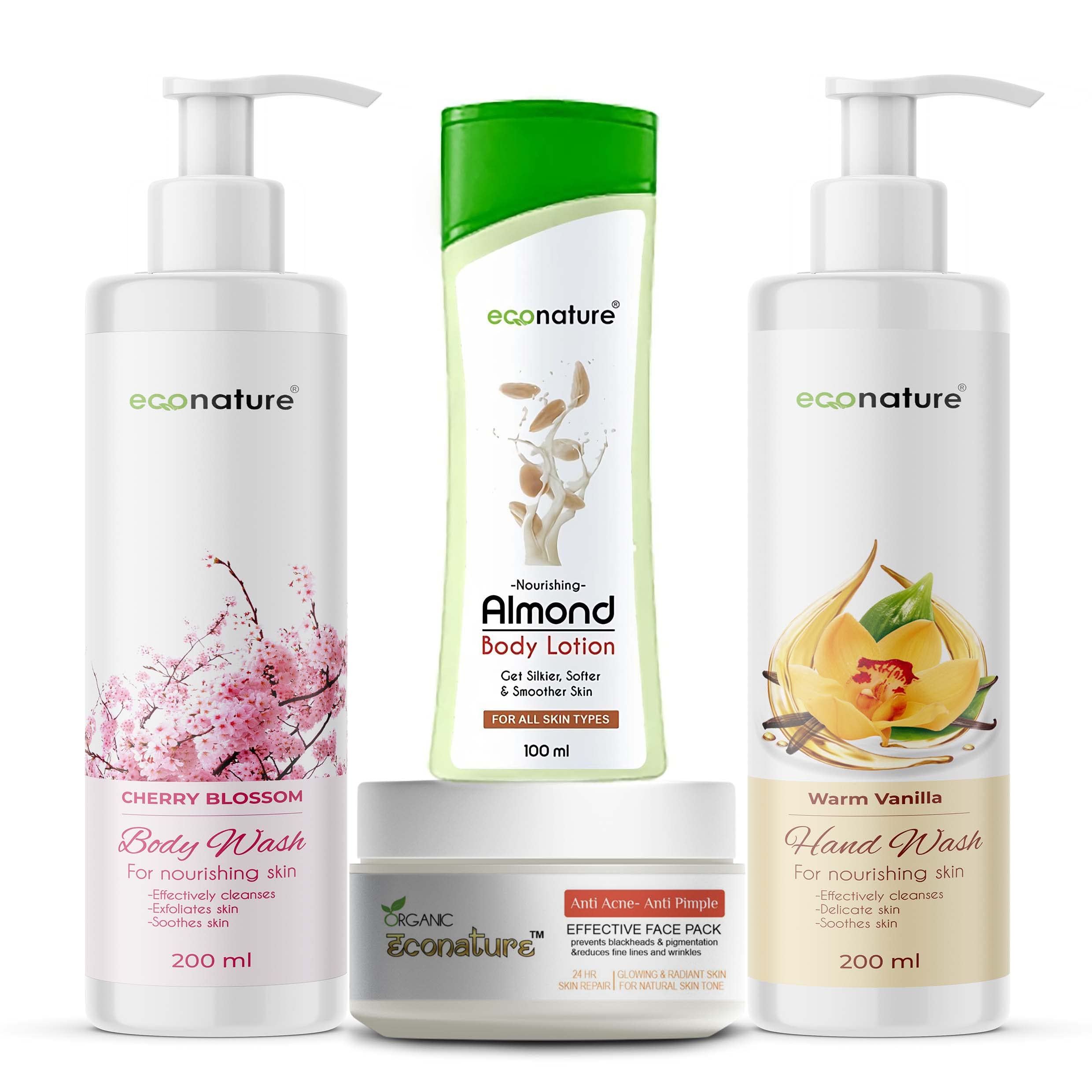 ECONATURE Skin Care Essential Kit - Body Lotion, Body Wash, Hand Wash & Face Cream (4-Piece Set, 200ML+200ML+100ML+50G) - Daily Hydration & Cleansing Routine for Healthy Skin