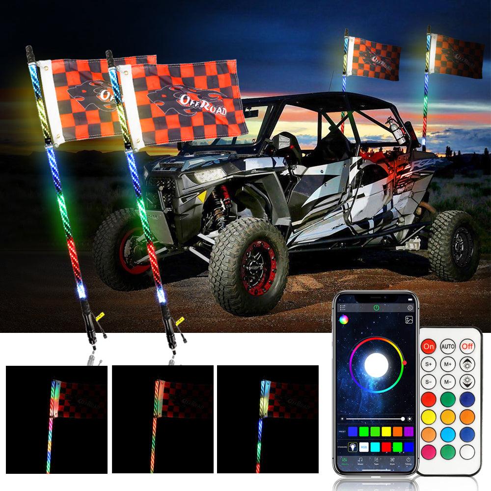 (2-Pack) 3FT/4FT LED RGB Whip Lights with Turn Signal & Brake Light - Bluetooth APP & Remote Control for ATV, UTV, Jeep, Off-Road Vehicles - Perfect for Night Rides, Camping & Outdoor Adventures