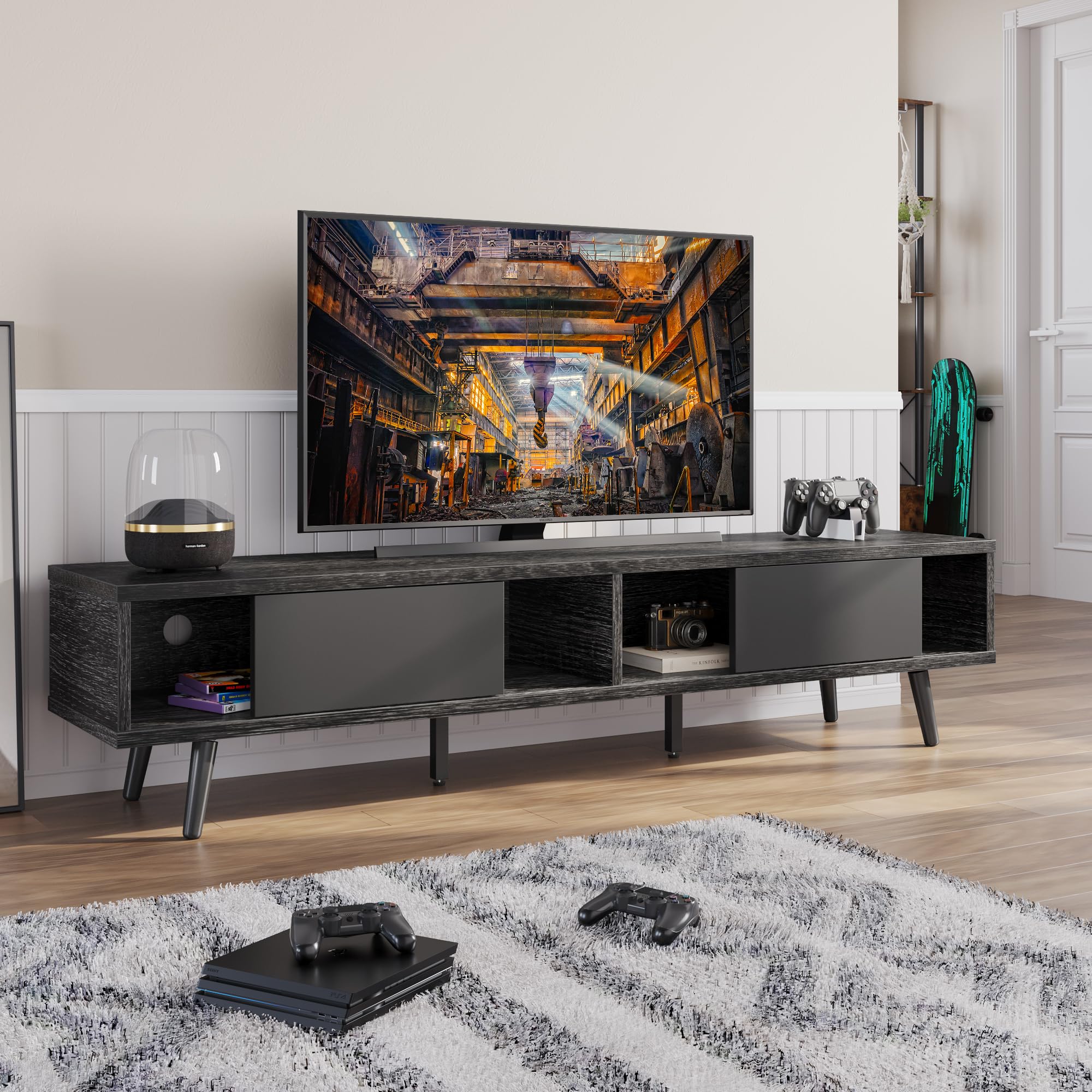 Bestier 70 Inch Mid Century Modern TV Stand for 75 Inch TVs - Low Profile Entertainment Center with Storage & Cord Management - Black Ash Finish for Living Room & Home Theater