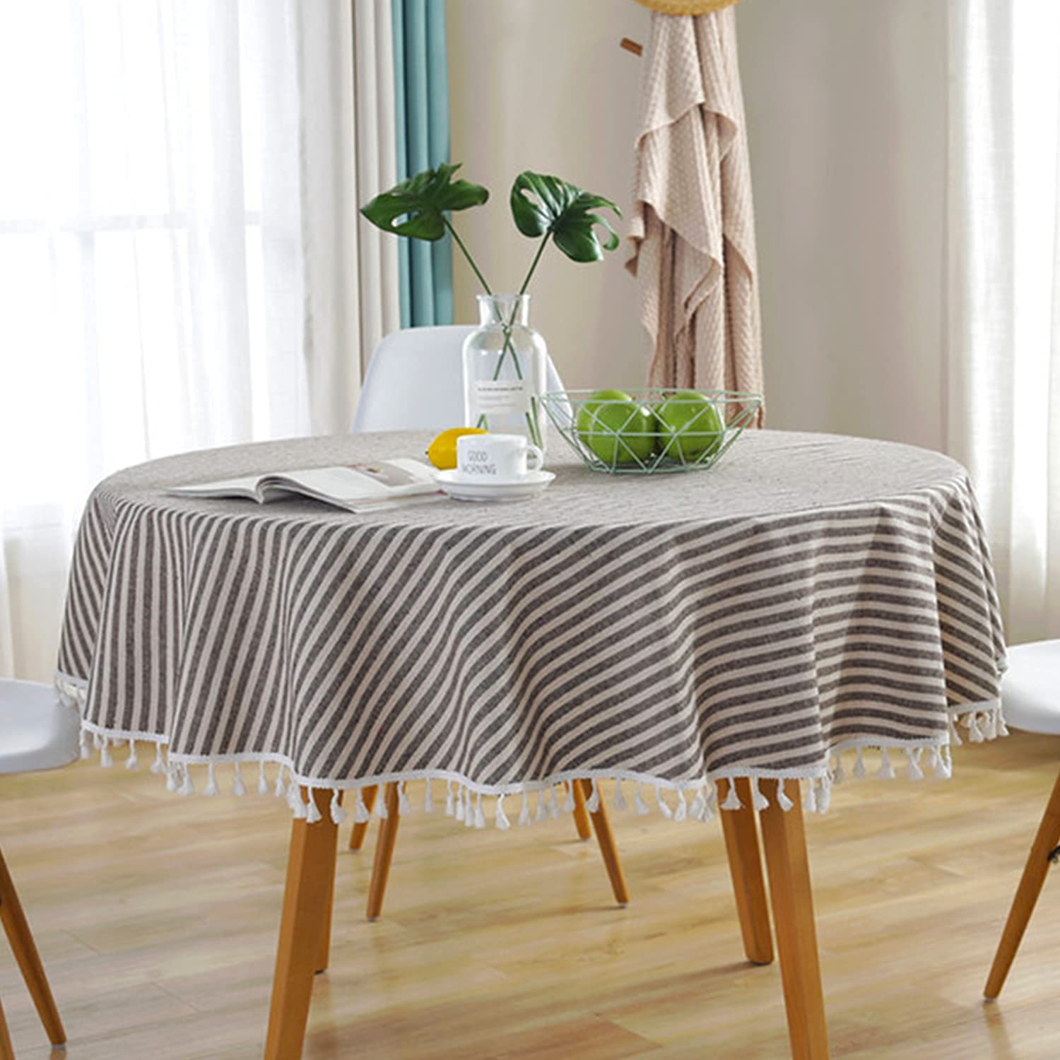 Meioro Round Tablecloth 47 Inch - Striped Cotton Linen Table Cover with Tassel Trim, Dust-Proof Dining Table Cloth for Coffee Tables, Side Tables, Card Tables - Perfect for Parties, Home Decor & Restaurant Use (Coffee Brown)