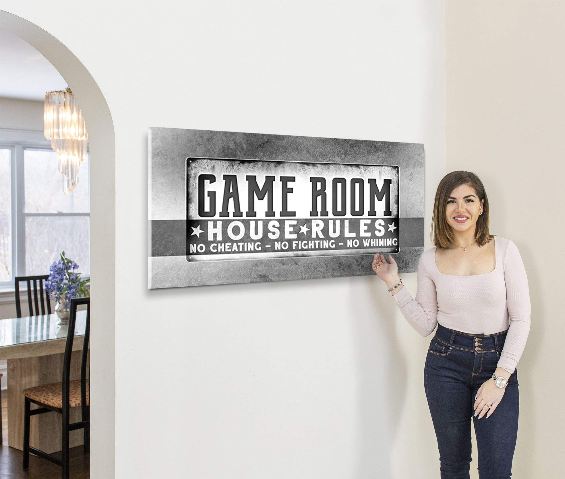House Rules Wall Art - Large Framed Canvas Gaming Room Decor for Boys & Teens - Grey 60x27 - Perfect for Gamer Rooms, Man Caves & Teen Bedrooms