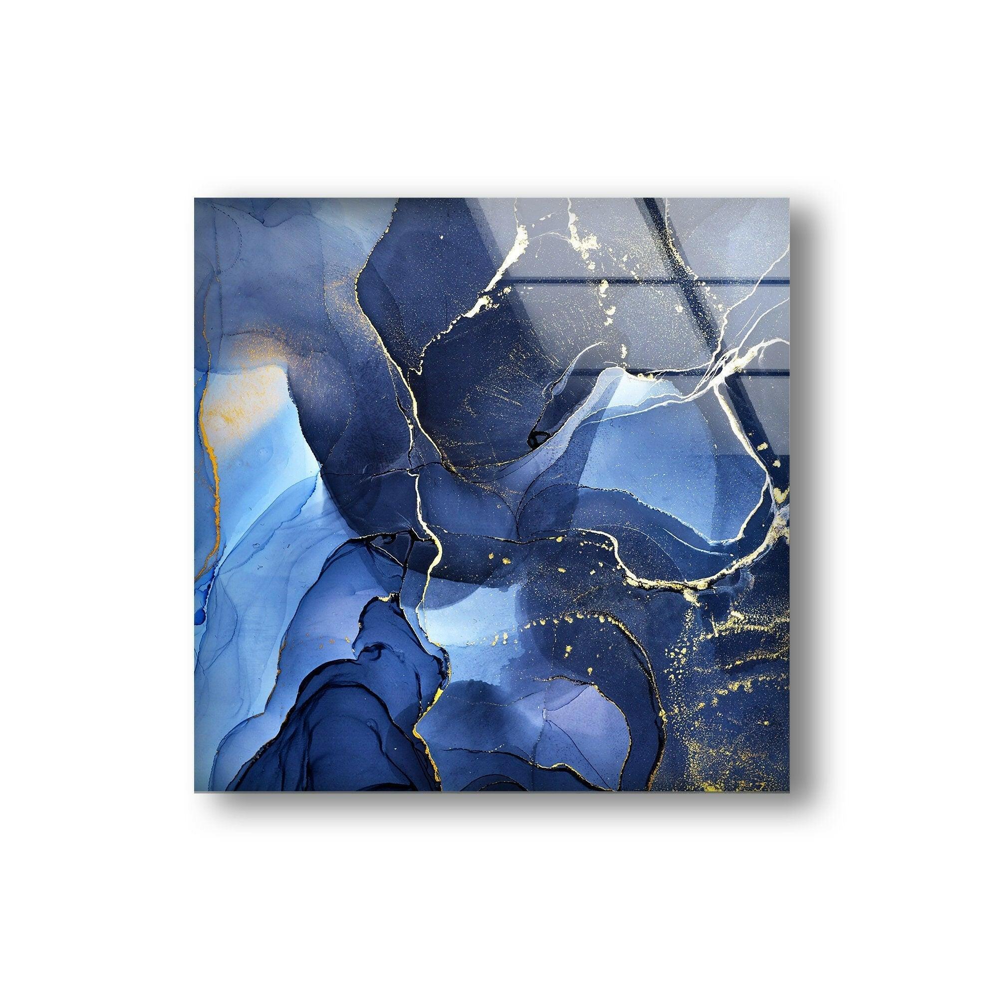 Blue Alcohol Ink Abstract Glass Wall Art - Handmade Modern Home Decor for Living Room, Bedroom & Office