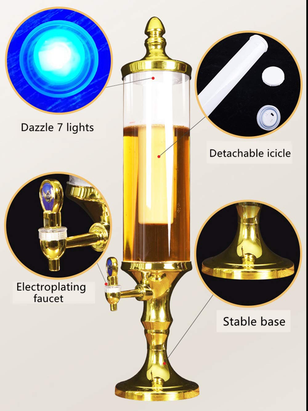 LED Colorful Shining 3L Tabletop Wine Beer Tower Dispenser - Golden Beverage Juice Server for Bar, Party, Restaurant, KTV & BBQ | Perfect for Weddings, Birthday Celebrations & Outdoor Gatherings