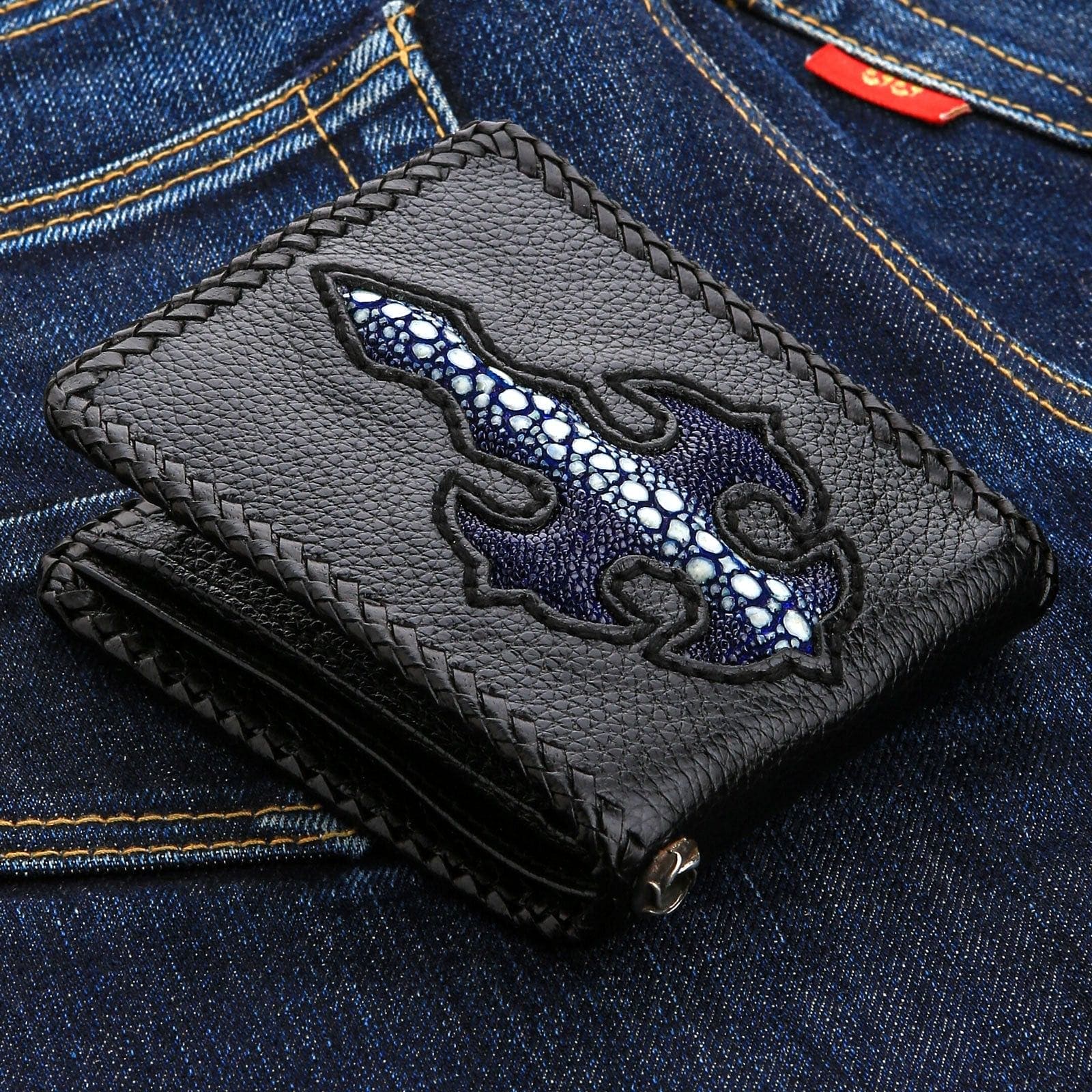 Genuine Exotic Blue Stingray Leather Biker Wallet for Men - Stylish Cross Design, RFID Protection - Perfect for Motorcycle Riders & Everyday Use