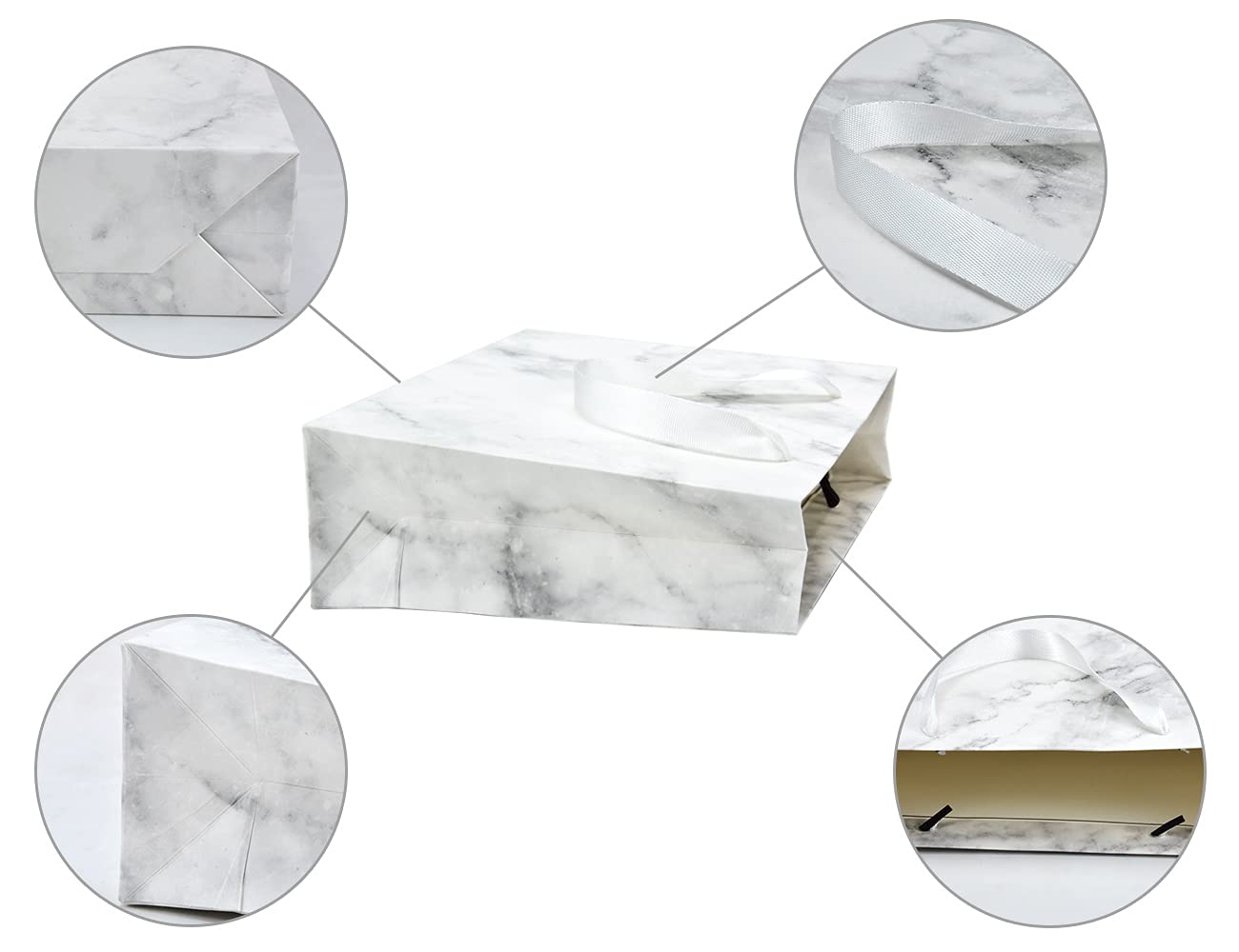 HUAPRINT Elegant Marble Paper Bags with Ribbon Handles - 20 Pack Premium Gift Bags 10.6x8.3x3.1 Inches for Wedding Favors, Party Decorations, Retail Packaging & Lunch Bags - Perfect for Bridal Showers, Birthday Gifts and Boutique Merchandise Display