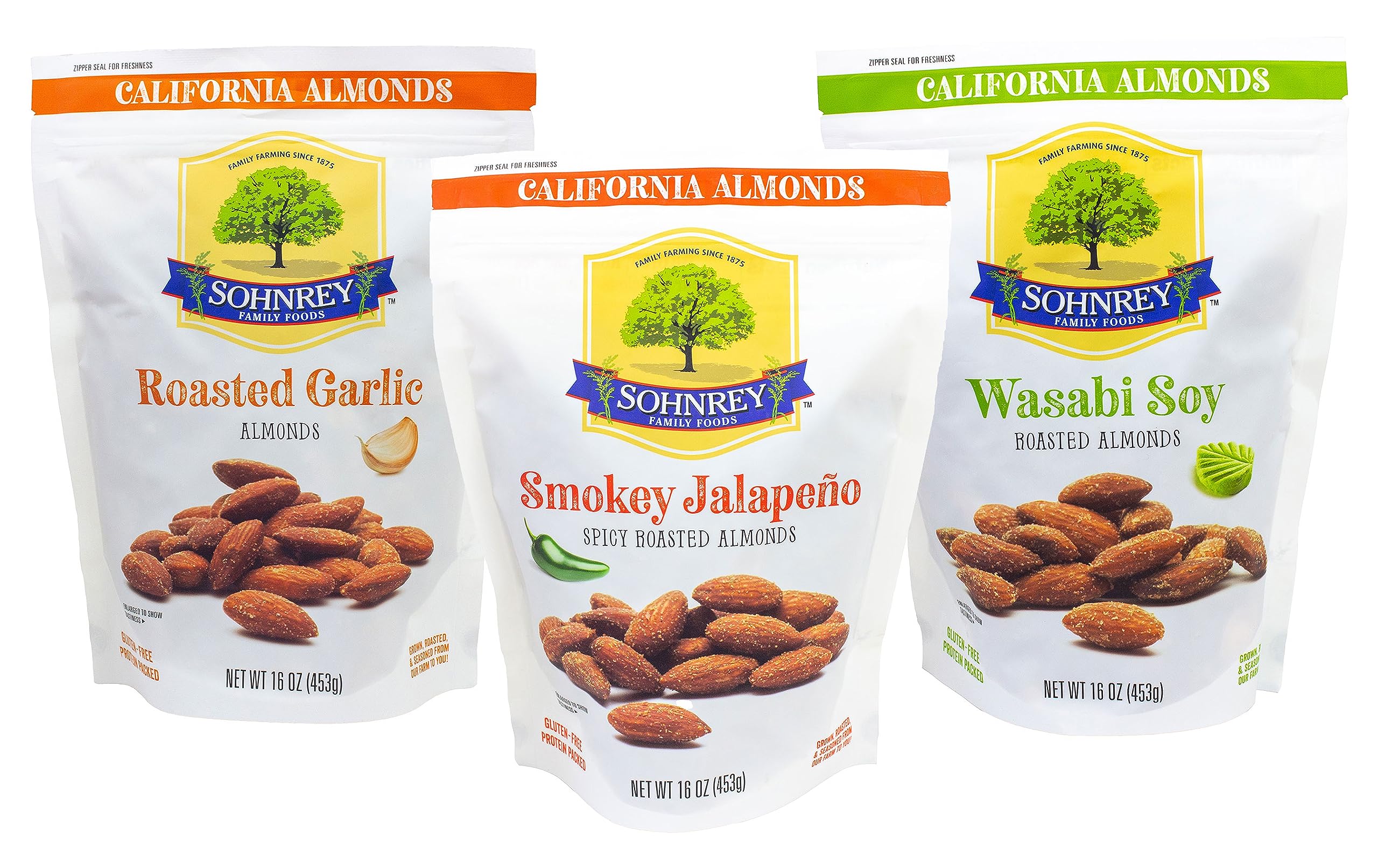 Spicy Roasted Almonds Variety Pack - Smoky Jalapeno, Garlic, Wasabi - Perfect for Parties & Gifts - 16oz (3-Pack)