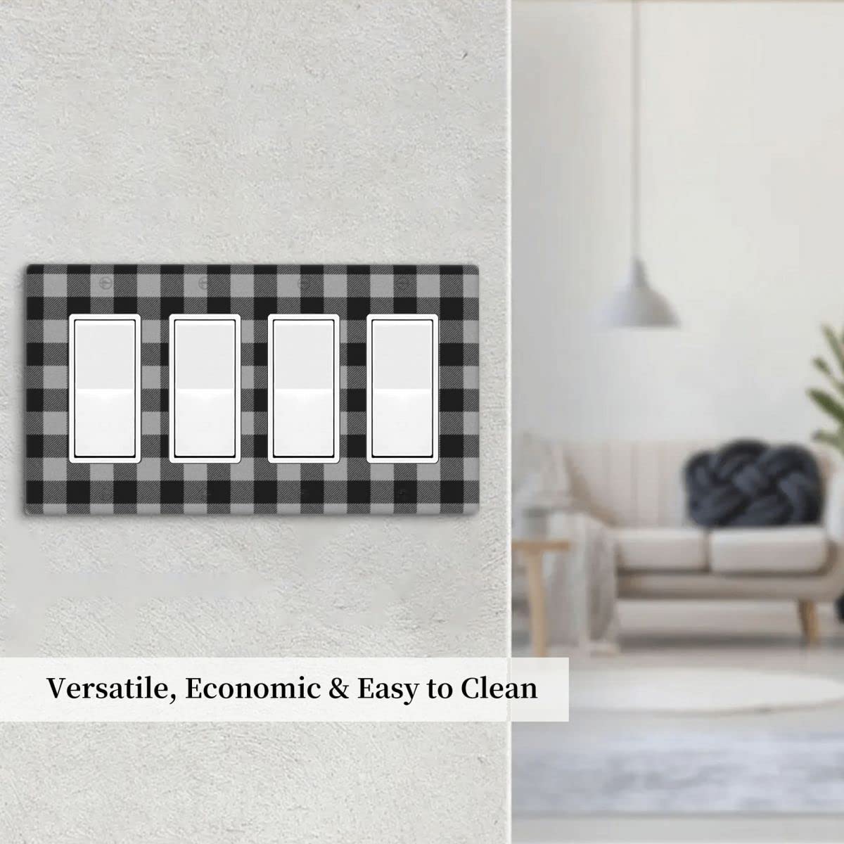 Black and White Buffalo Plaid 4-Gang Rocker Light Switch Cover - Decorative Quad Wall Plate for Outlets & Switches (4.5