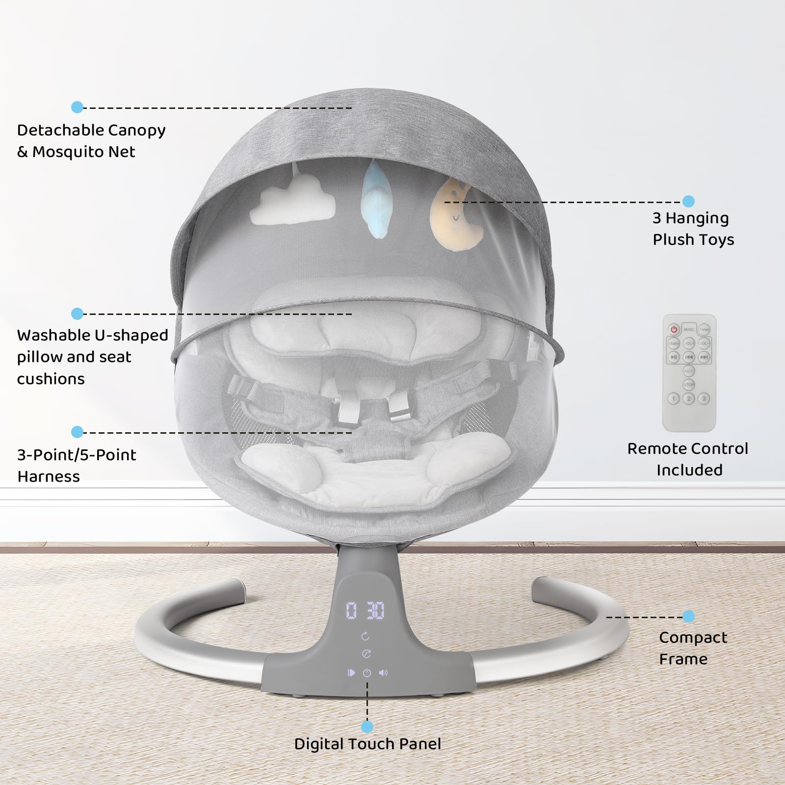 Baby Swing for Infants - 5-Speed Adjustable Baby Rocker with 10 Soothing Lullabies, 5-Point Safety Harness & Remote Control - Includes 3 Hanging Toys (Gray) - Perfect for Nursery, Bedroom or Living Room to Comfort & Soothe Your Baby