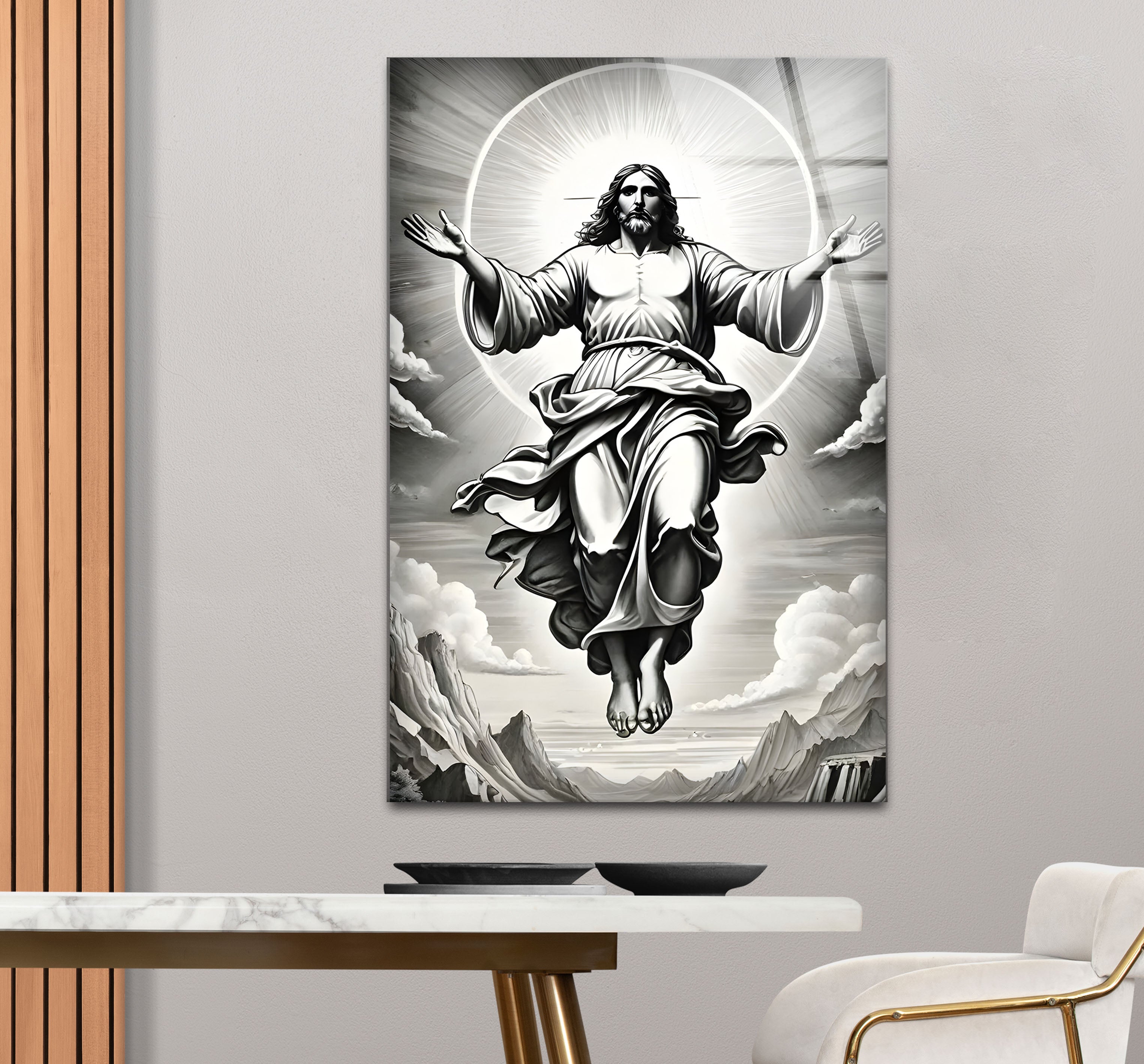 Black and White Jesus Christ Glass Wall Art - Religious Home Decor for Living Room, Bedroom & Church