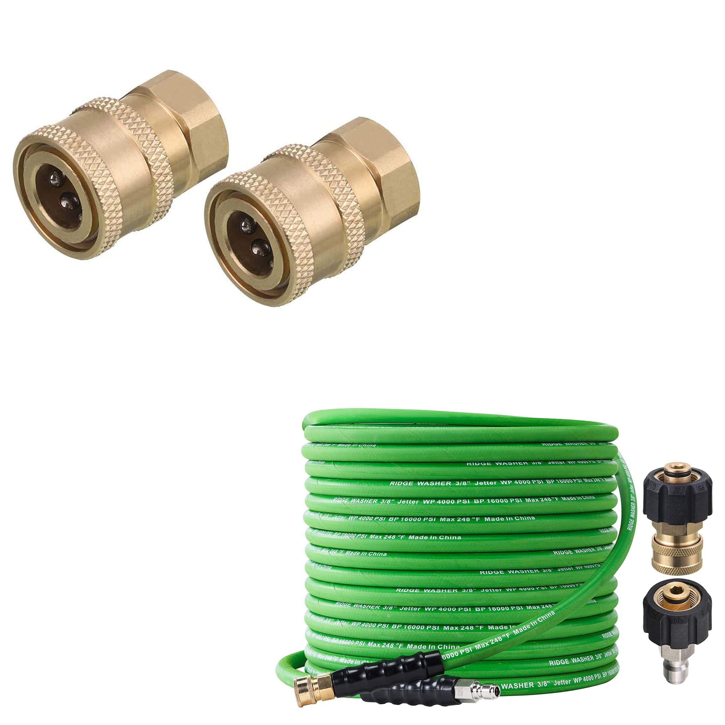 RIDGE WASHER Pressure Washer Coupler - Kink Resistant 3/8'' x 50 FT Pressure Washer Hose for Hot & Cold Water - Ideal for Car Washing, Deck Cleaning & Outdoor Home Maintenance