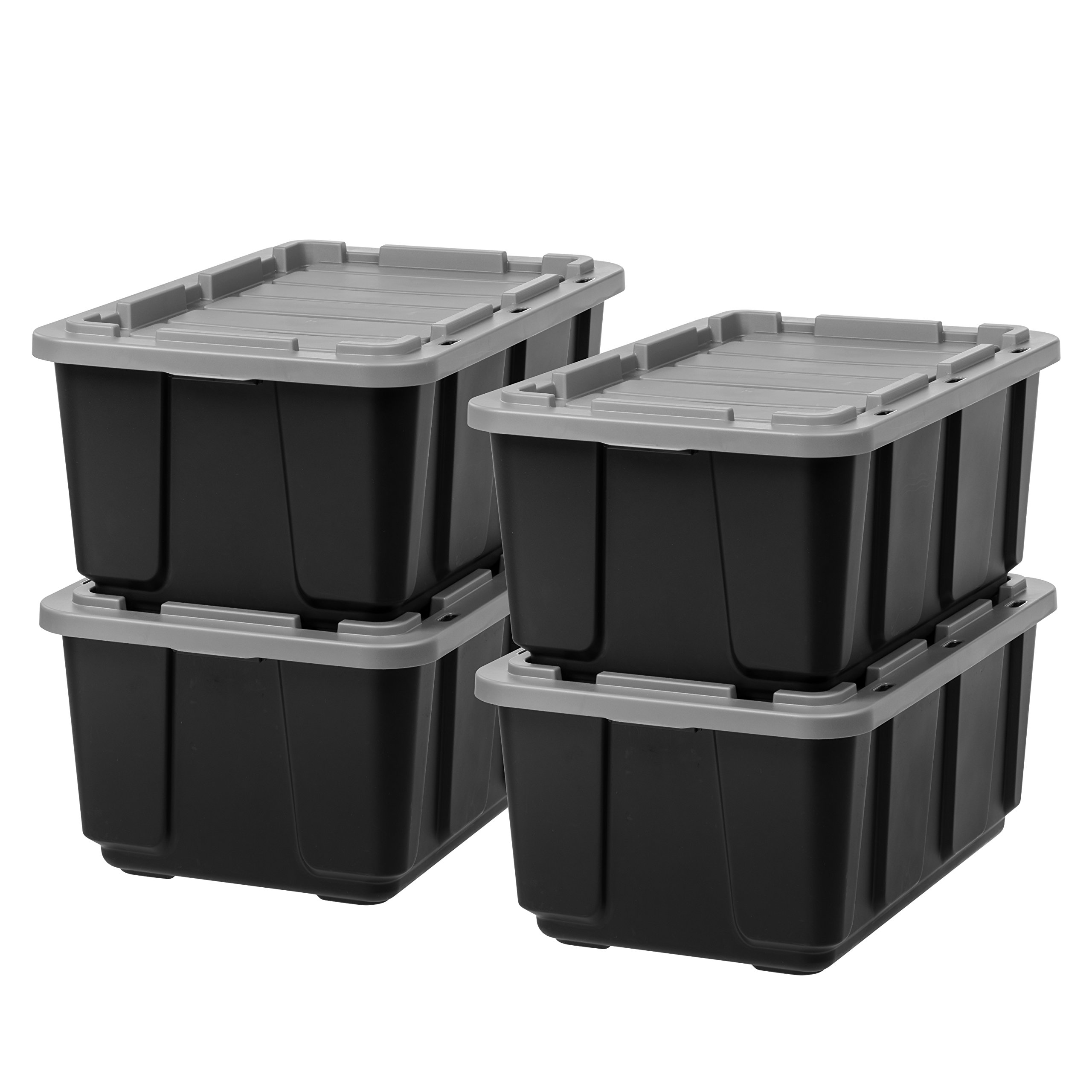 IRIS USA 27 Gallon Heavy Duty Truck Bed Toolbox Storage Tote Bins with Lids, 4 Pack - Made in USA | Stackable Industrial Tubs for Garage Organization, Workshop & Outdoor Storage | Durable Snap-On Lids, Reusable Black/Gray Containers