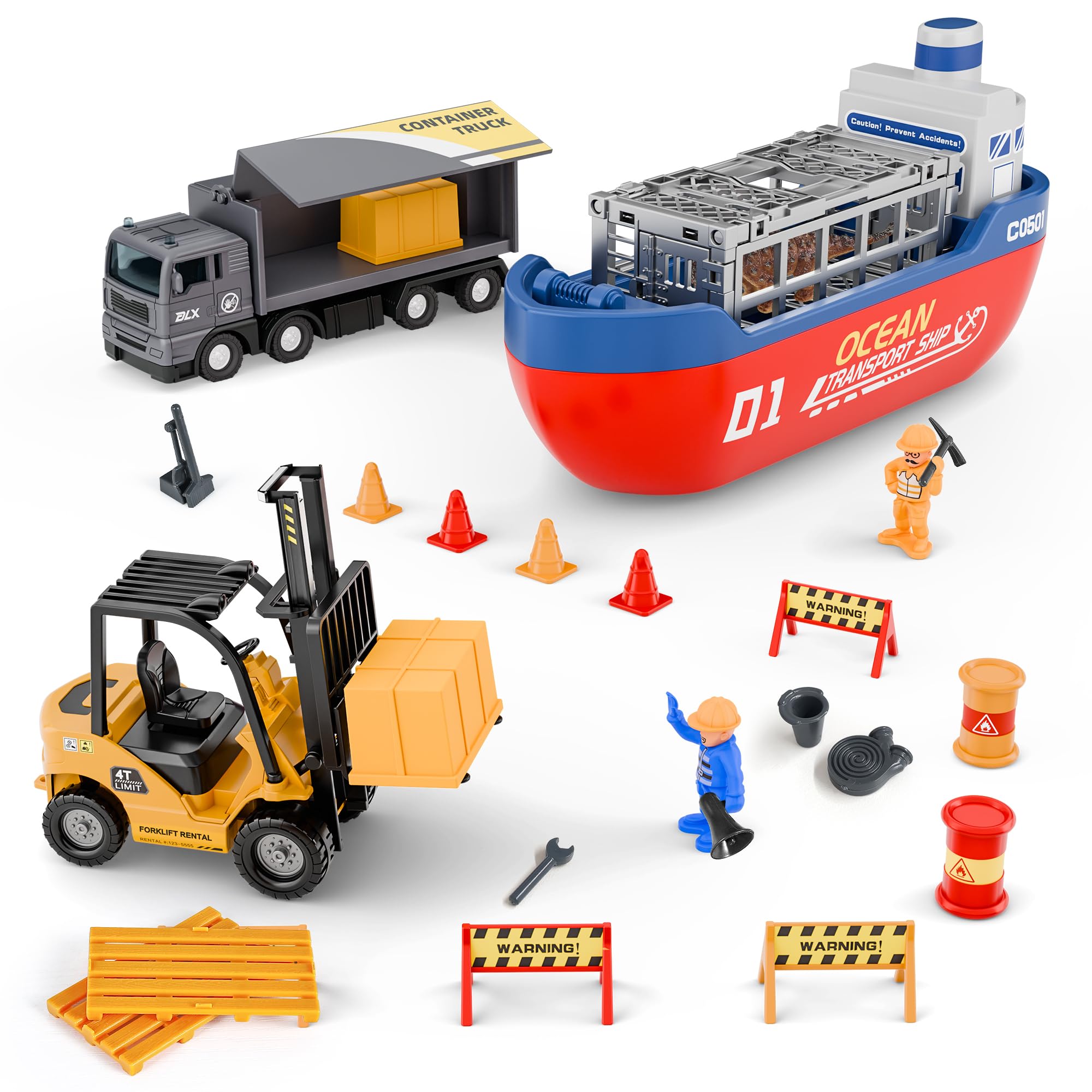 iPlay iLearn Dinosaur Cargo Truck Toys for Kids Ages 3-8 - Toddler Construction Playset with Boat, Trailer, Container Ship & Forklift Vehicles - Fun Educational Birthday Gift for Boys & Girls - Perfect for Pretend Play, Learning Transportation & Developing Fine Motor Skills