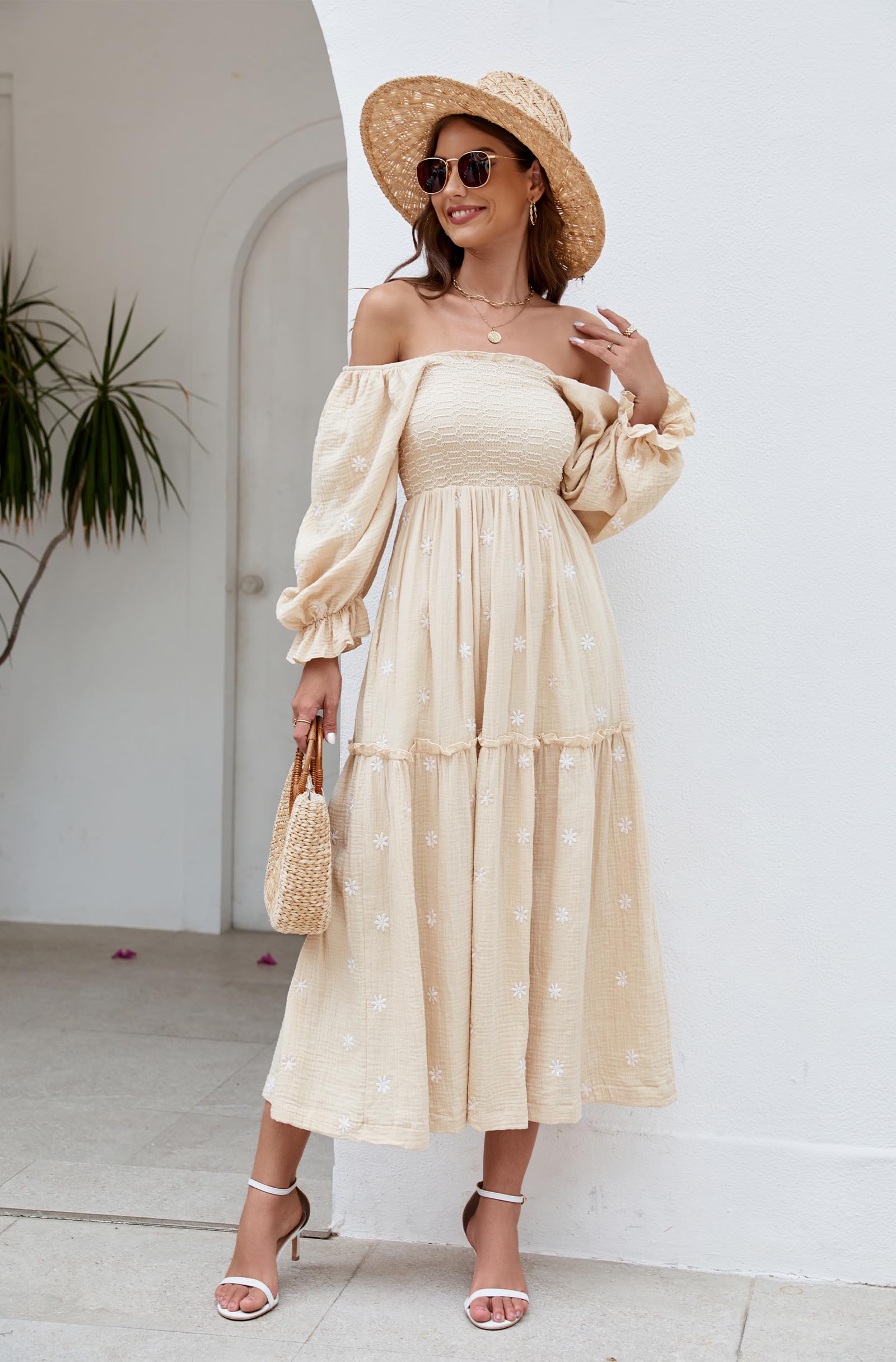 Women's Floral Embroidered Maxi Dress with Long Puff Sleeves & Square Neck - Bohemian Flowy Summer Dress with Pockets & Smocked Waist | Perfect for Beach Vacations, Date Nights & Fall Weddings
