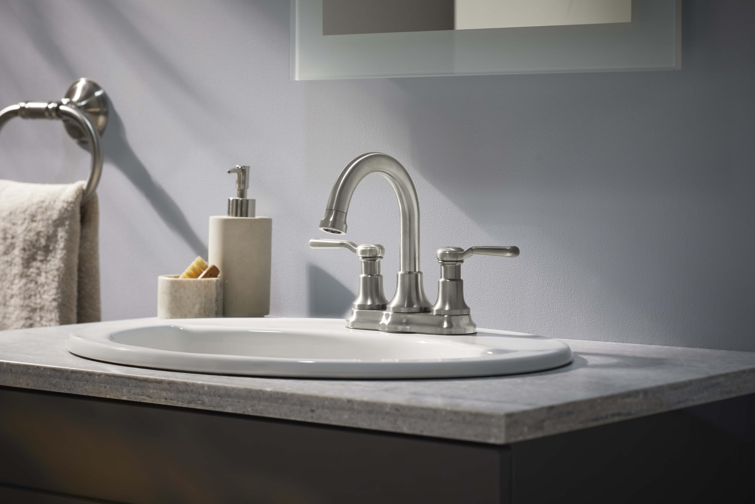 KOHLER Ludington Centerset Bathroom Sink Faucet - Modern 2-Handle Bathroom Faucet with High Arc Spout for Vanity Sink, Perfect for Home, Hotel, and Commercial Use