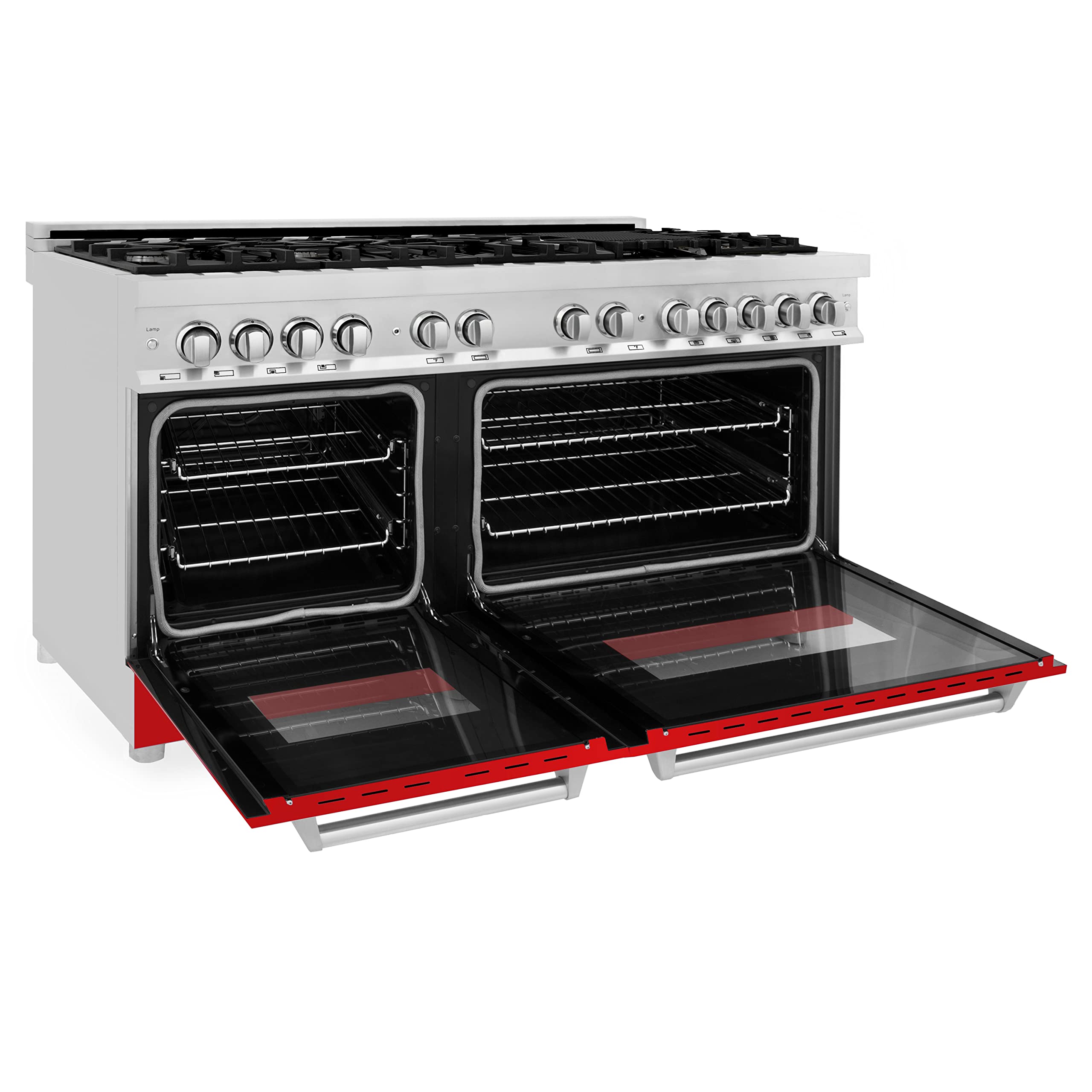 ZLINE 60-inch 7.4 cu. ft. Dual Fuel Range with 9-Burner Gas Cooktop & 2 Electric Convection Ovens - Stainless Steel with Red Matte Doors (RA-RM-60) for Professional Home Kitchens and Gourmet Cooking