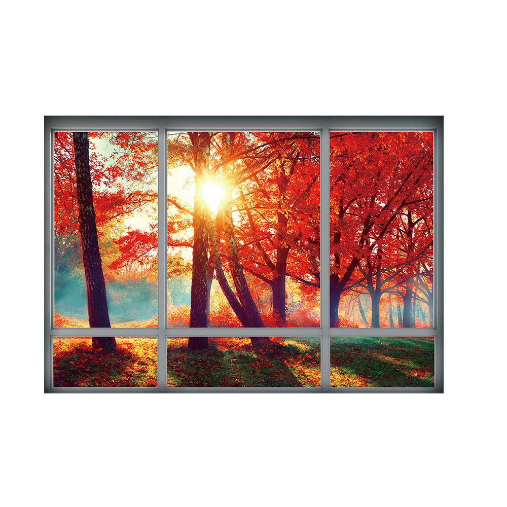 DNVEN 3D Fake Window Decal - Realistic Maple Tree Forest View Vinyl Wall Sticker (28x20 inches) for Bedroom, Living Room & Playroom Decor | High Definition Faux Window Mural with Grille Frame | Perfect for Home Office, Nursery & Dorm Room Wall Art