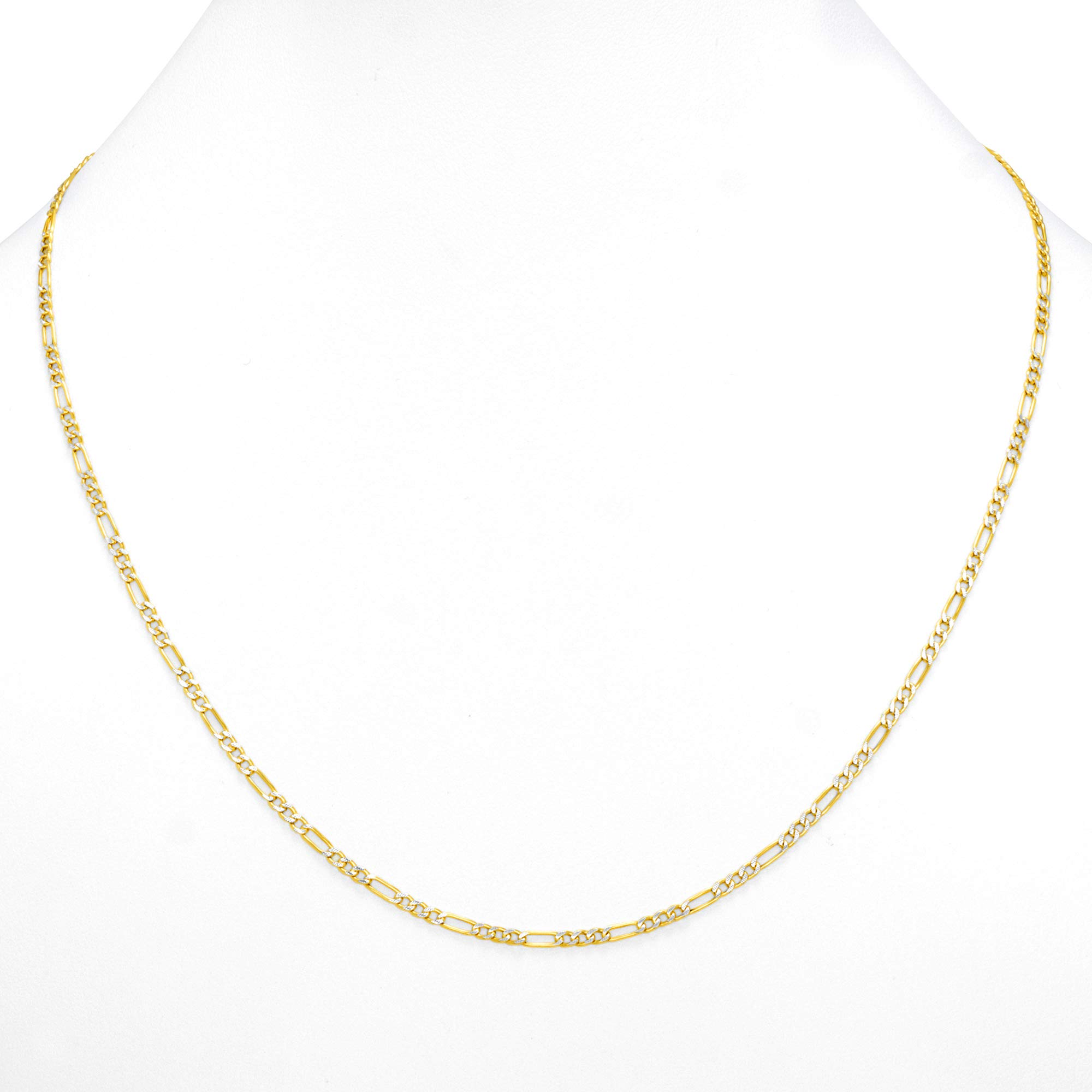 14K Real Yellow Gold Figaro Link 2.5mm Diamond Cut Pave Chain Necklace for Men & Women (16