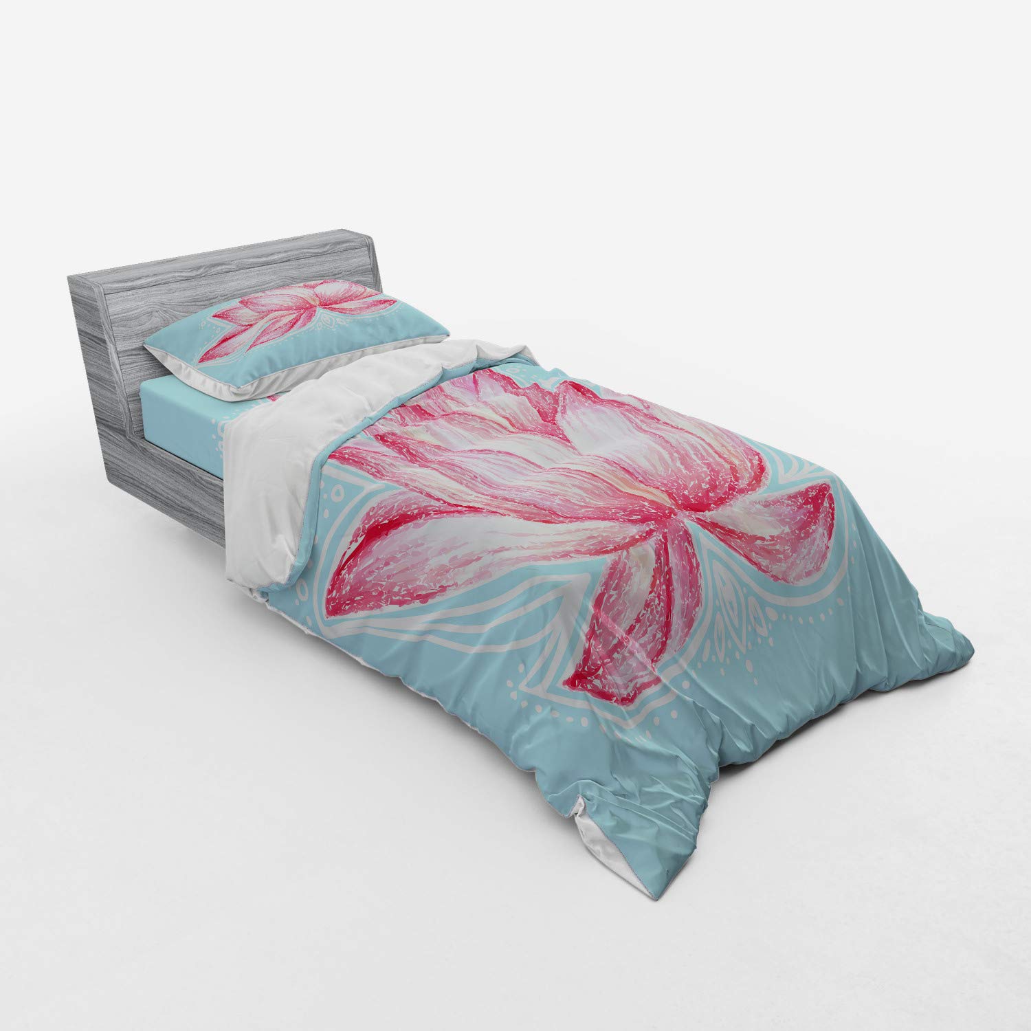 Ambesonne Lotus Duvet Cover Set - 3 Piece Twin Size Bedding with Sham & Fitted Sheet, Pink & Pale Blue Botanical Flower Pattern, Gardening Theme Home Decor | Perfect for Bedroom, Guest Room, Dorm & Gift Giving