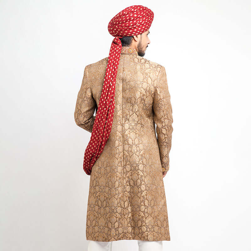 Luxury Gold Brocade Silk Sherwani for Men - Elegant Indian Wedding Attire - Perfect for Groom Outfits, Festive Celebrations & Special Occasions