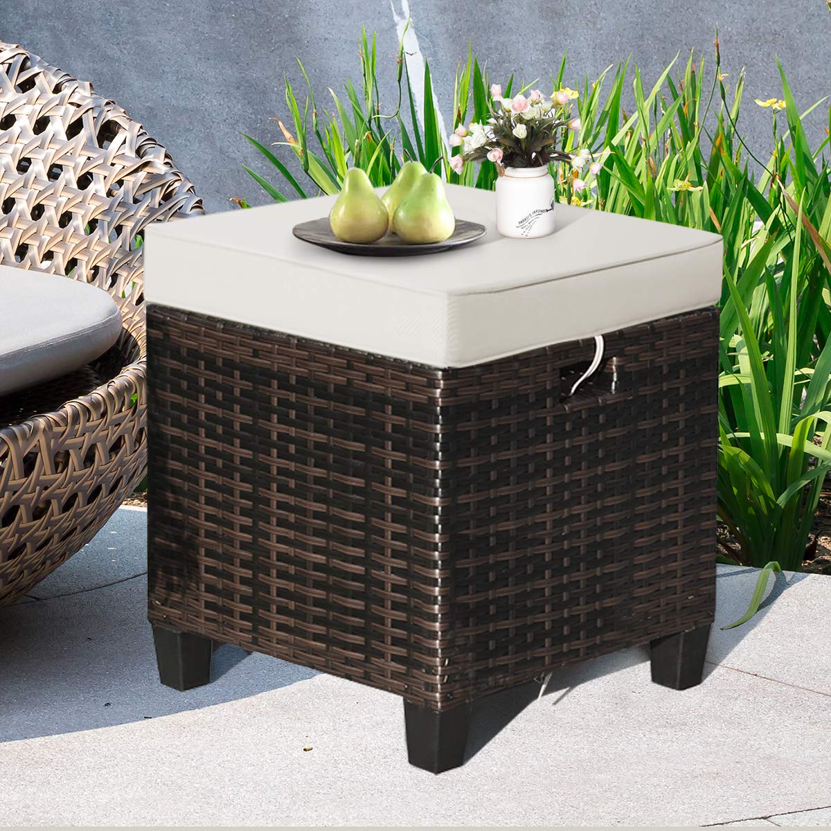 2PCS Rattan Wicker Ottoman Set with Removable Cushions - Patio Footstool Footrest Seat for Outdoor Living, Garden, Backyard & Home Decor (Brown) - Perfect for Relaxing, Coffee Table Companion & Extra Seating