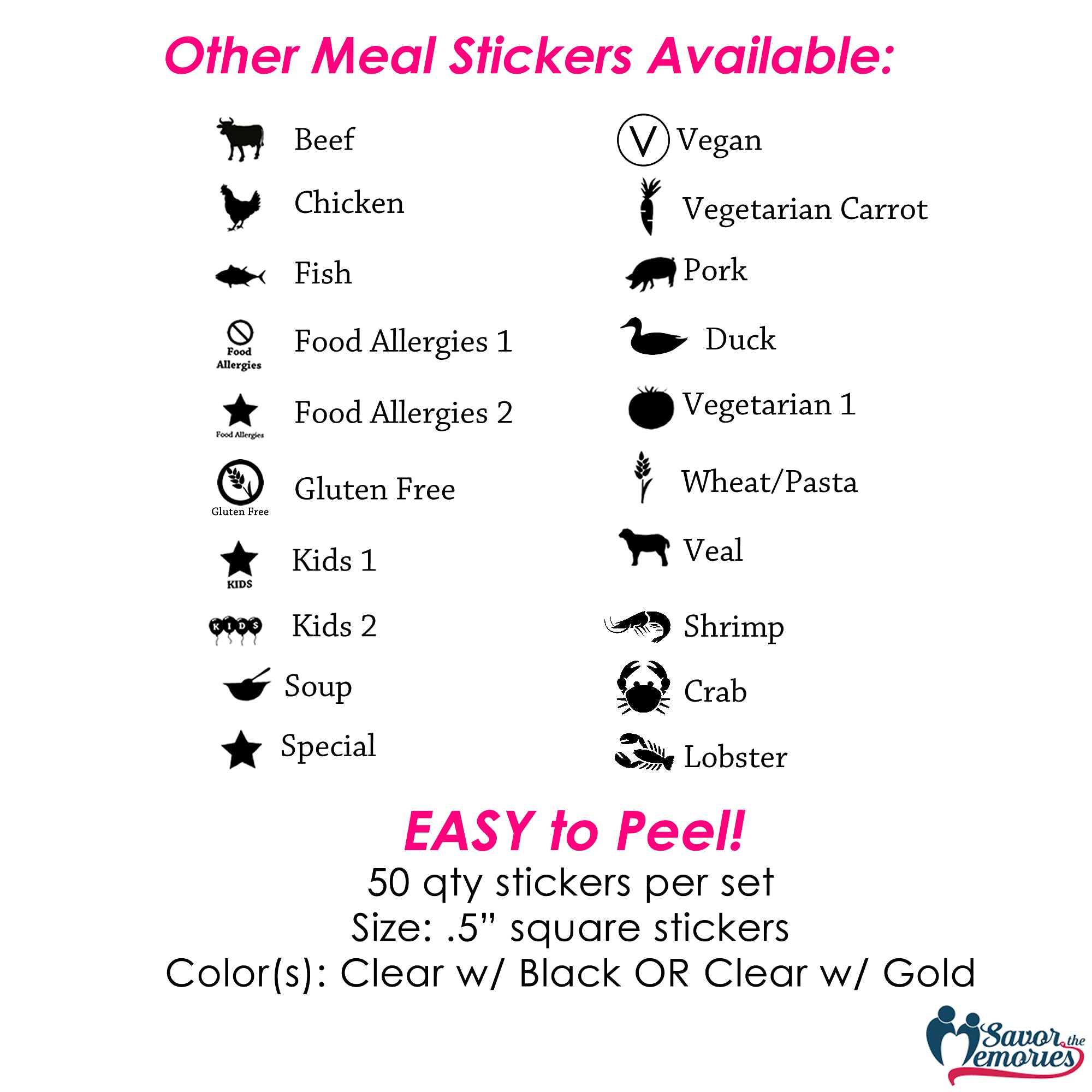 Food Allergy & Dietary Preference Stickers for Place Cards - Clear Meal Stickers with Silver Icons by Savor The Memories - Perfect for Weddings, Parties & Special Events