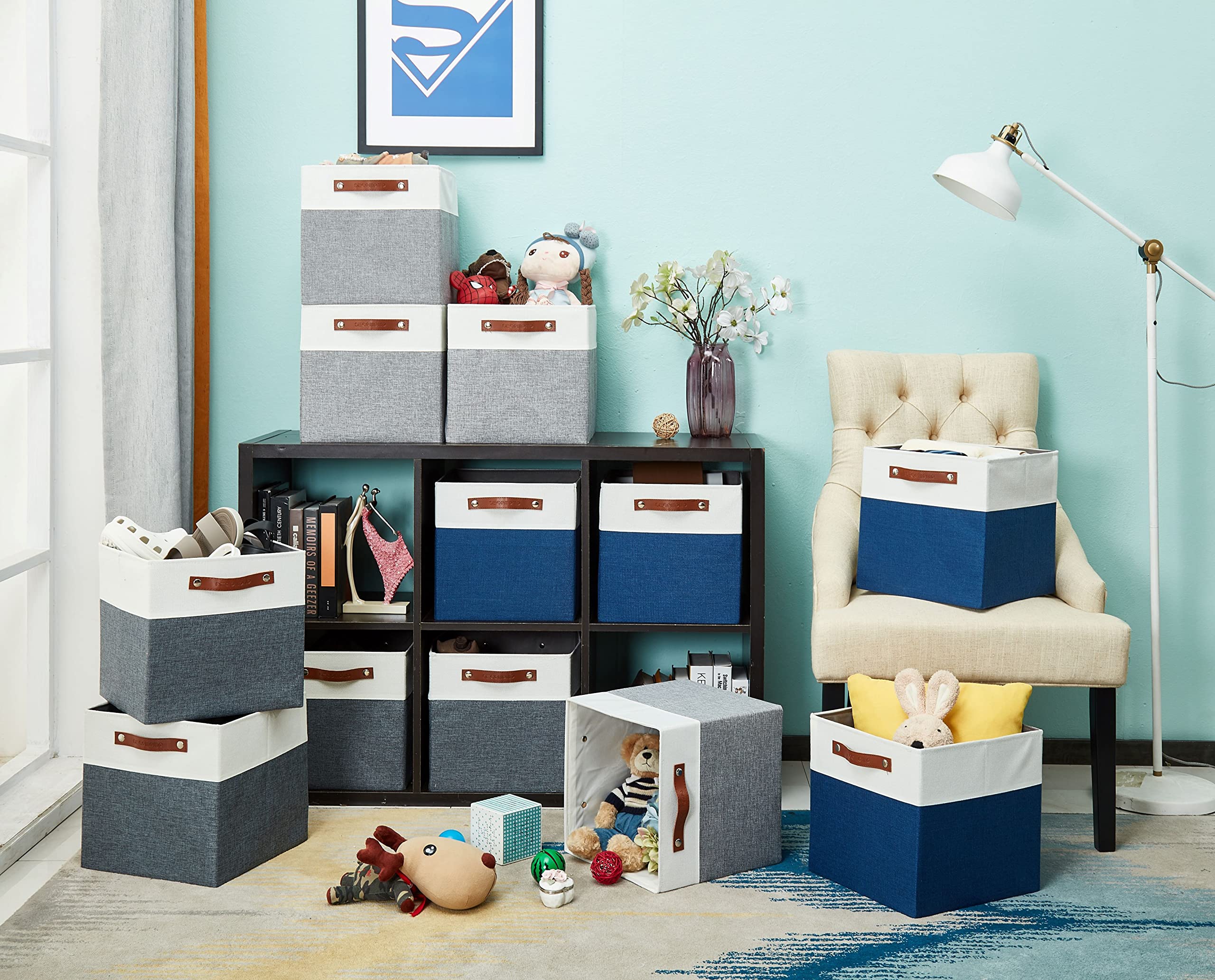 DECOMOMO 11 Inch Fabric Storage Bins - Set of 4 Grey and White Cube Organizer Baskets for Shelves, Closet, Nursery & Home Organization | Perfect for Toys, Books, Blankets & More