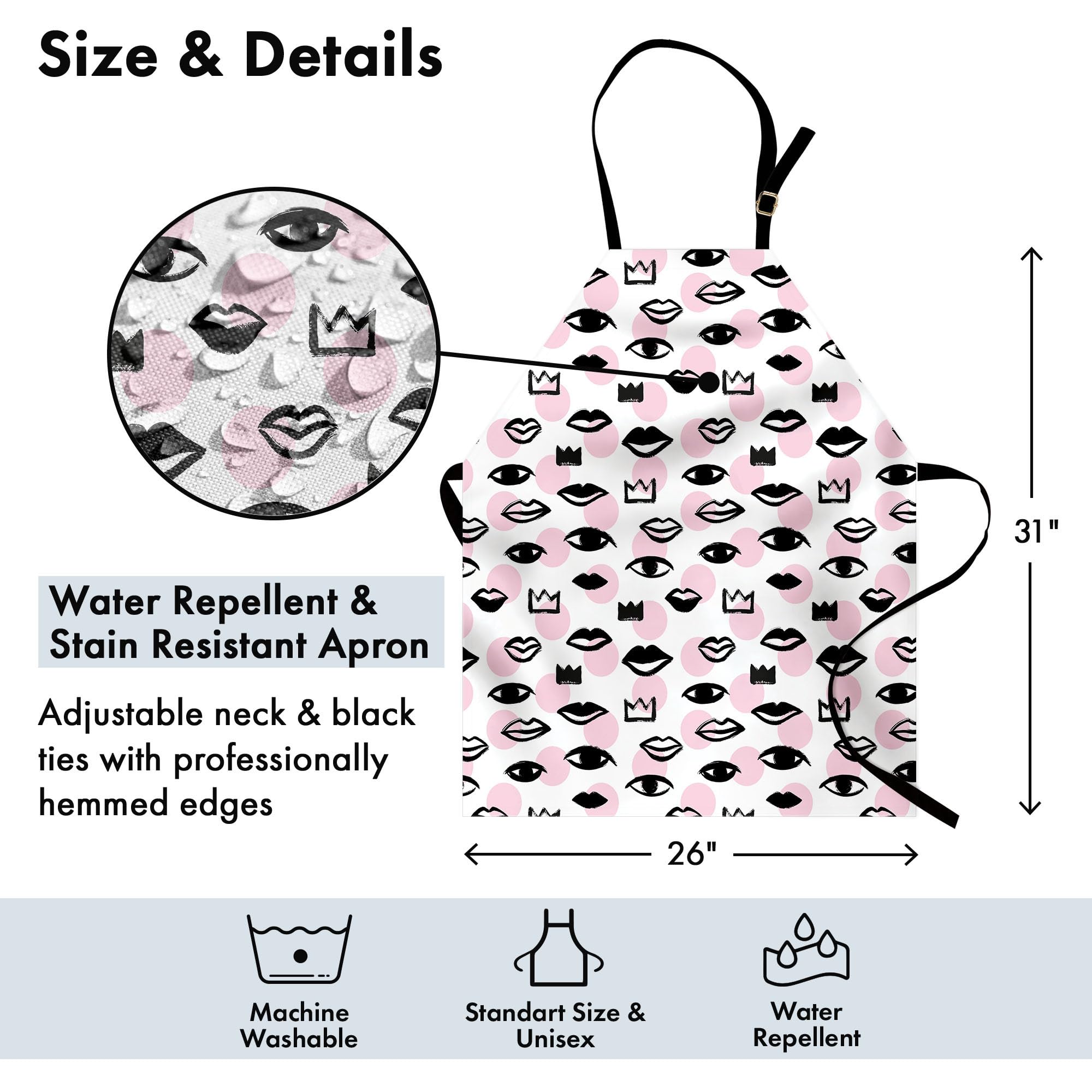 Ambesonne Love Apron - Handmade Unisex Kitchen Bib with Brush Drawn Lips, Eyes & Crowns on Polka Dot Design, Adjustable Neck for Cooking, Baking & Gardening - Perfect for Home Chefs & BBQ Enthusiasts - Adult Size in Rose Charcoal Grey