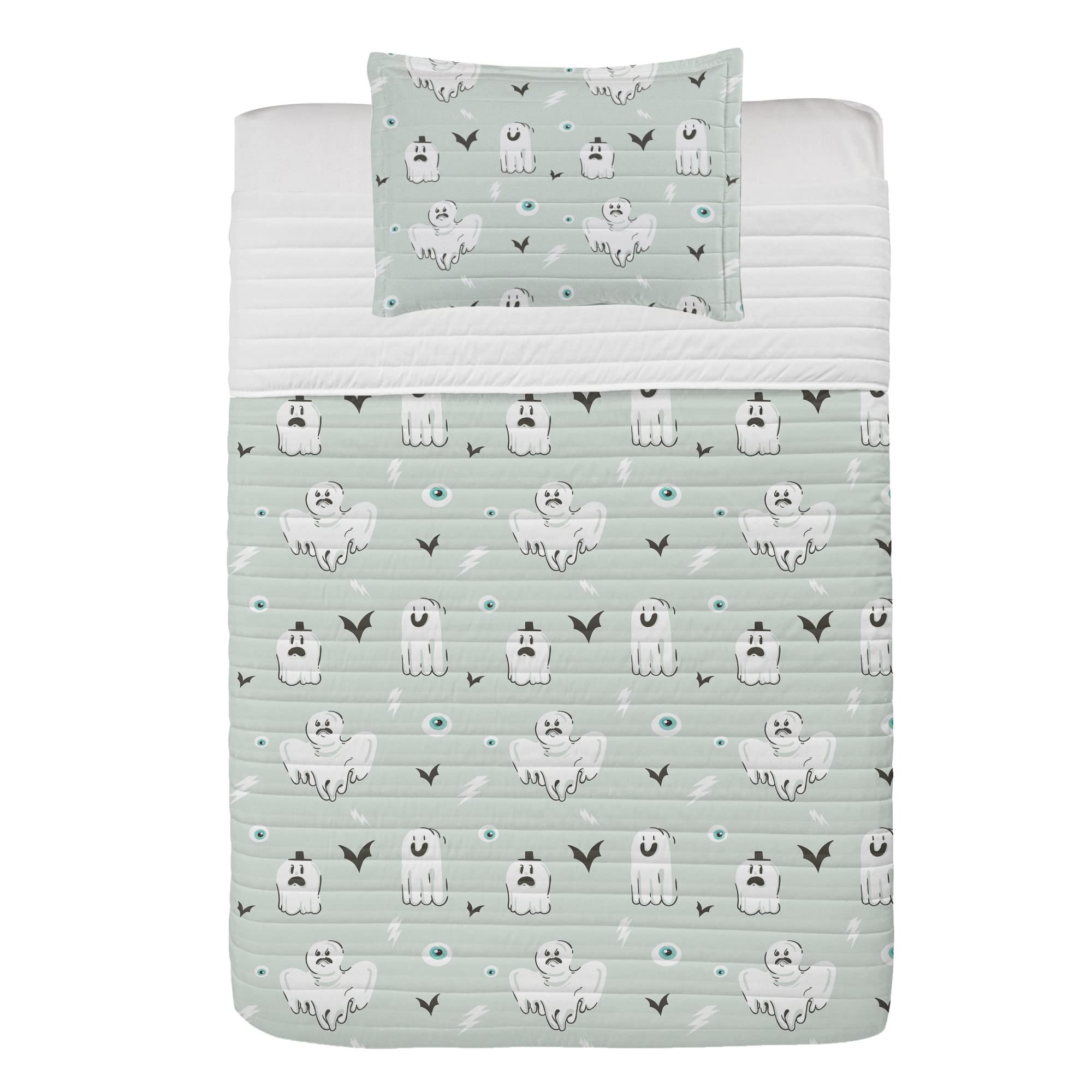 Ambesonne Ghost Halloween Bedspread Set - Soft Microfiber Twin Size Comforter with Pillow Sham | Pastel Eyeball Souls Wandering Design in Pale Blue, White & Dark Grey | Perfect for Spooky Bedroom Decor & Halloween Party Theme