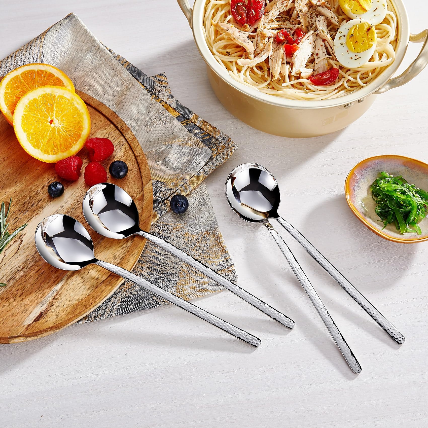 KEAWELL Premium Korean Soup Spoons Set of 4 - 18/10 Stainless Steel Long Handle Spoons - Dishwasher Safe Hammered Design - Perfect for Asian Cuisine, Ramen, Pho & Hot Pot Dining