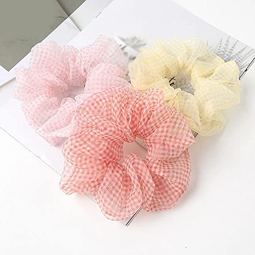 6 Pack Fashion Organza Soft Elastic Hair Bands - Sweet Plaid Scrunchie Hair Ties for Women & Girls, Ponytail Holders with Grid Pattern (Multiple Designs Available) - Perfect for School, Work, Parties and Everyday Styling
